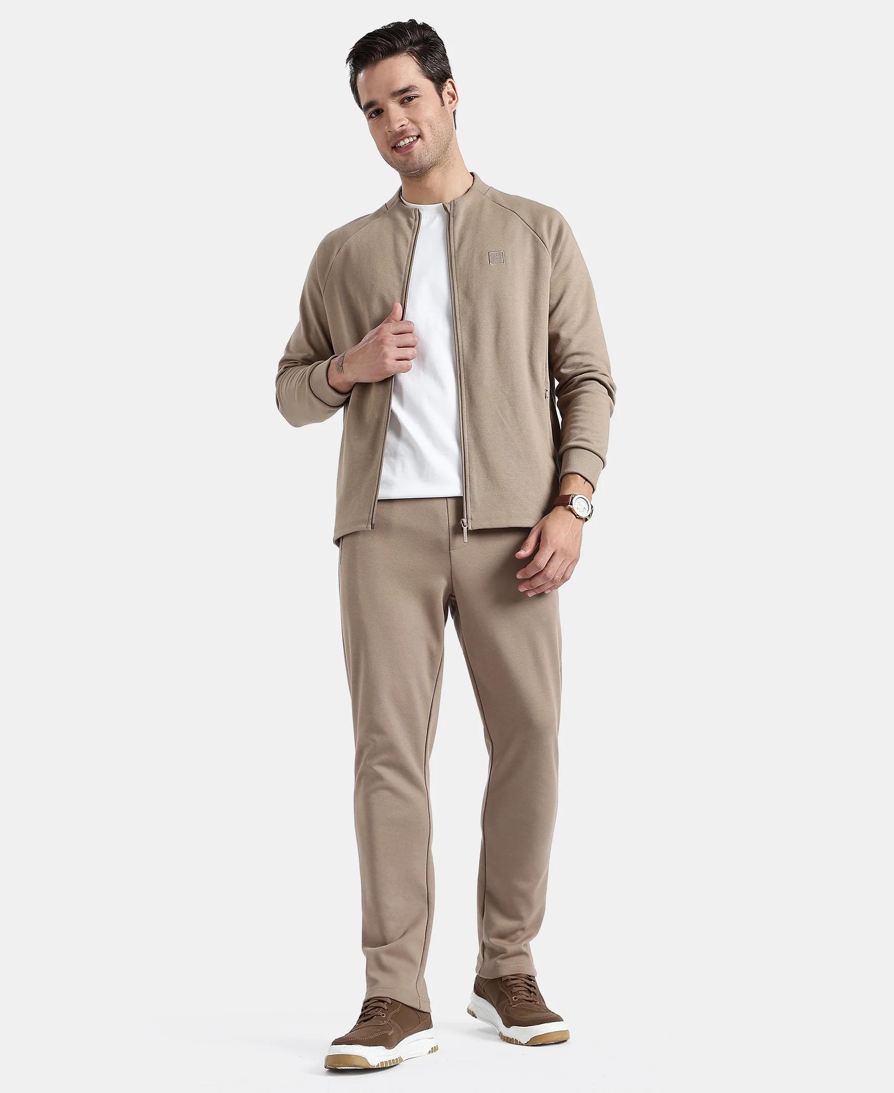 Super Combed Cotton Rich Pique Fabric Jacket with Ribbed Cuffs - Desert Taupe - Image 4