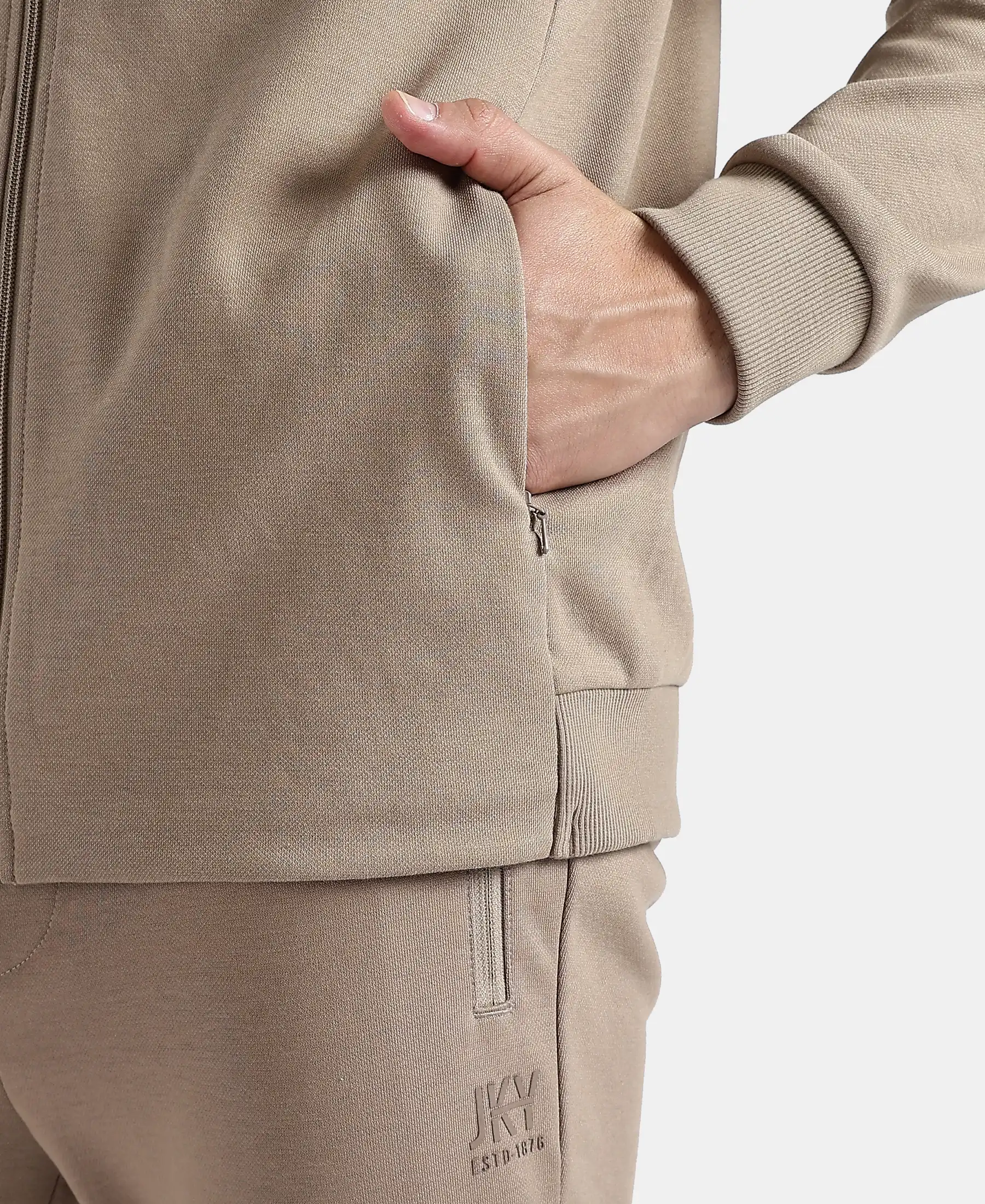 Super Combed Cotton Rich Pique Fabric Jacket with Ribbed Cuffs - Desert Taupe - Image 8