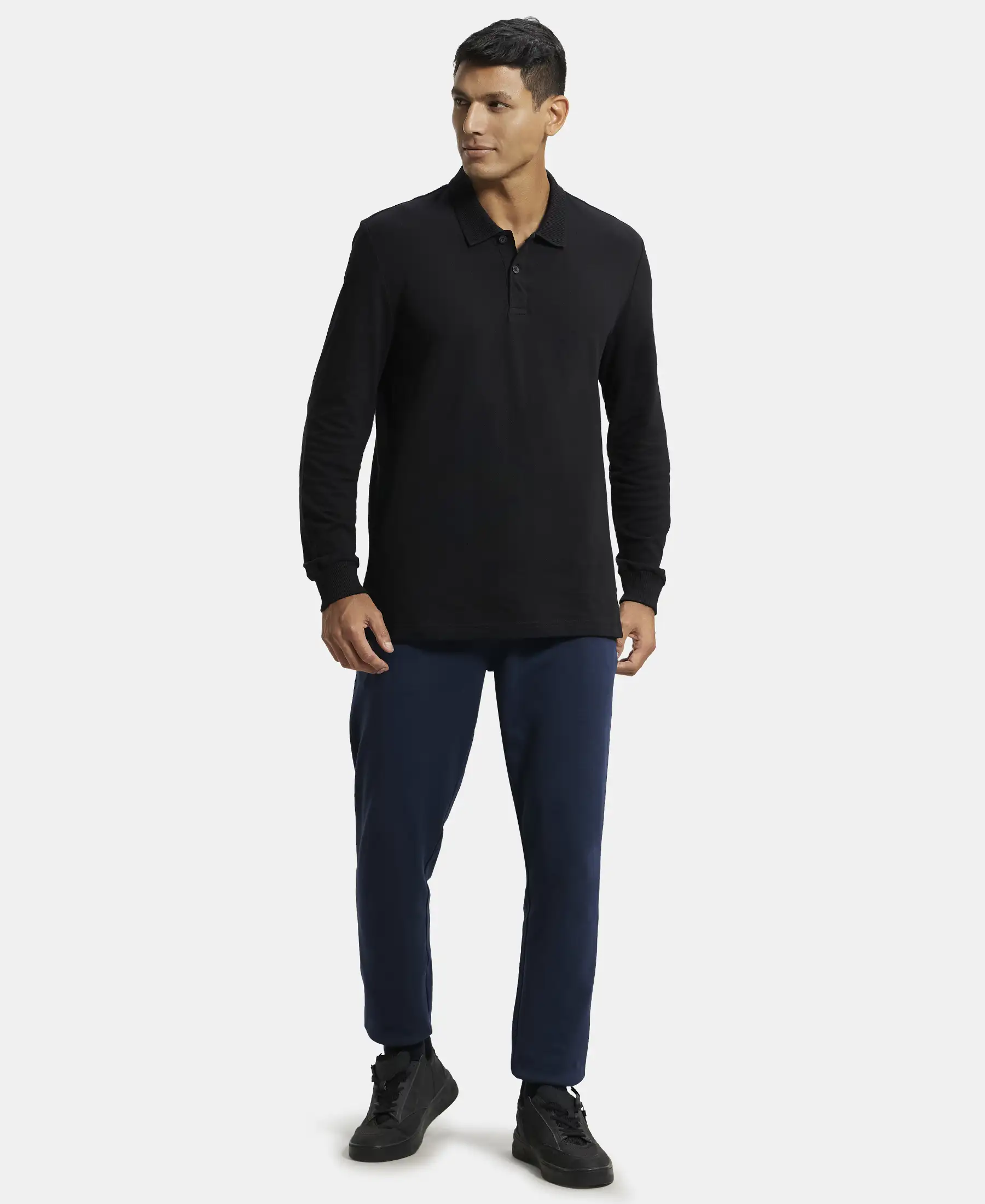 Super Combed Cotton Rich Pique Fabric Solid Full Sleeve Polo T-Shirt with Ribbed Cuffs - Black - Image 4