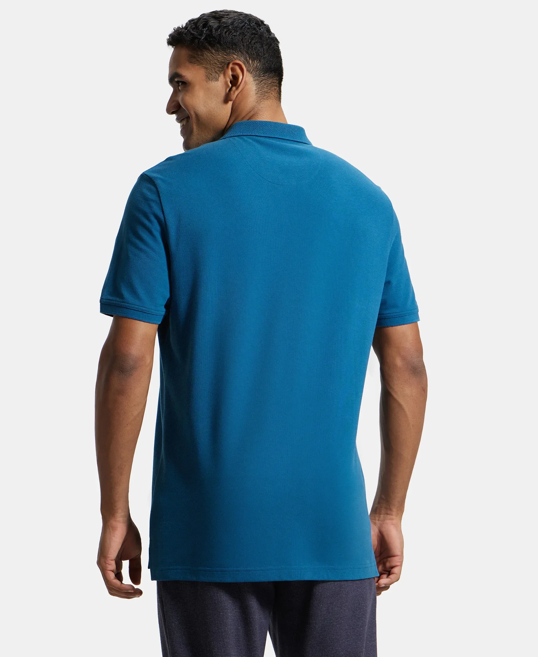 Super Combed Cotton Rich Pique Fabric Solid Half Sleeve Polo T-Shirt - Seaport Teal - Image 3