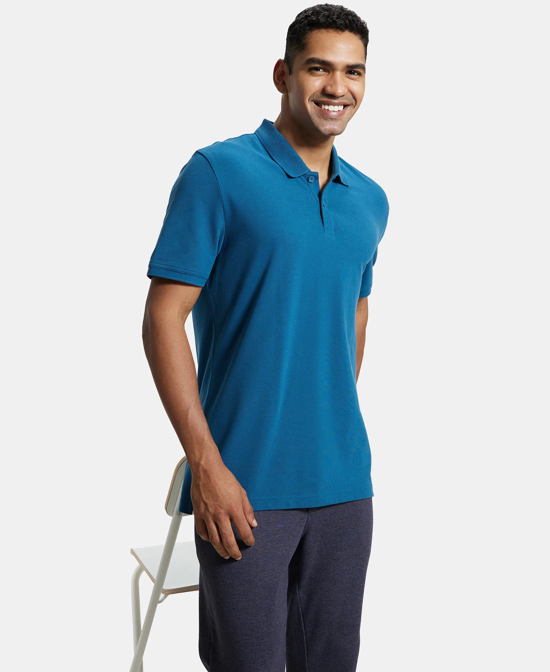 Super Combed Cotton Rich Pique Fabric Solid Half Sleeve Polo T-Shirt - Seaport Teal - Image 6