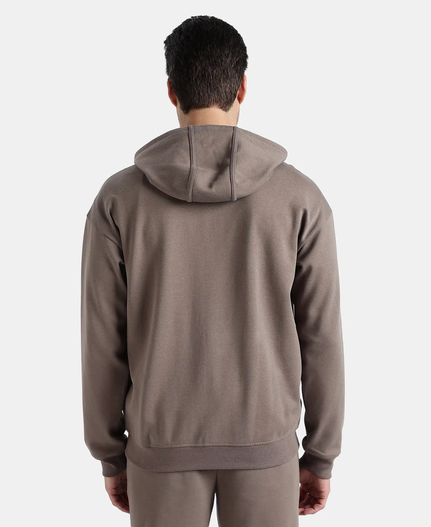 Super Combed Cotton Rich Pique Hoodie Jacket with Ribbed Cuffs - Dark Khaki - Image 3