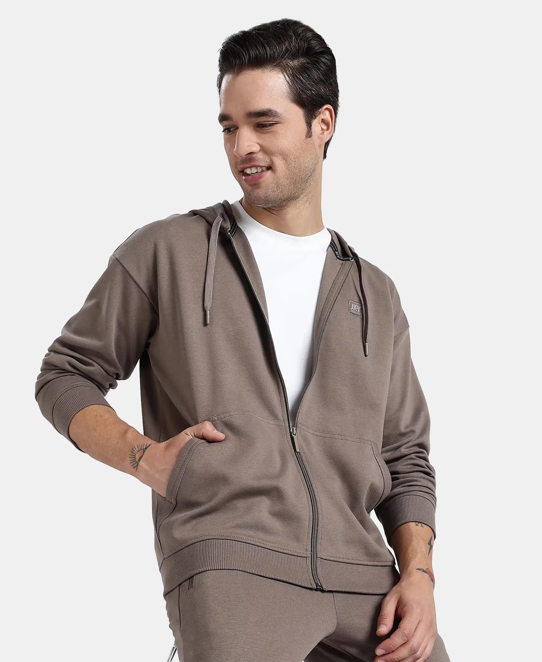 Super Combed Cotton Rich Pique Hoodie Jacket with Ribbed Cuffs - Dark Khaki - Image 5