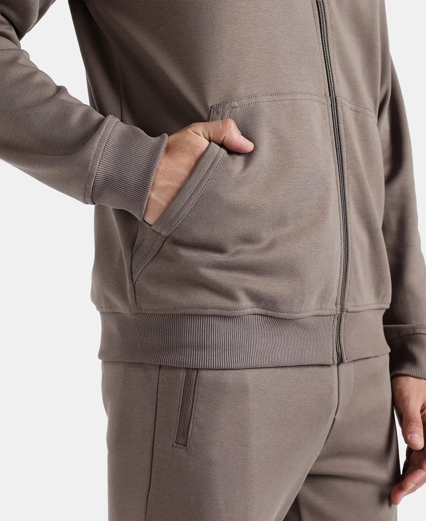 Super Combed Cotton Rich Pique Hoodie Jacket with Ribbed Cuffs - Dark Khaki - Image 8