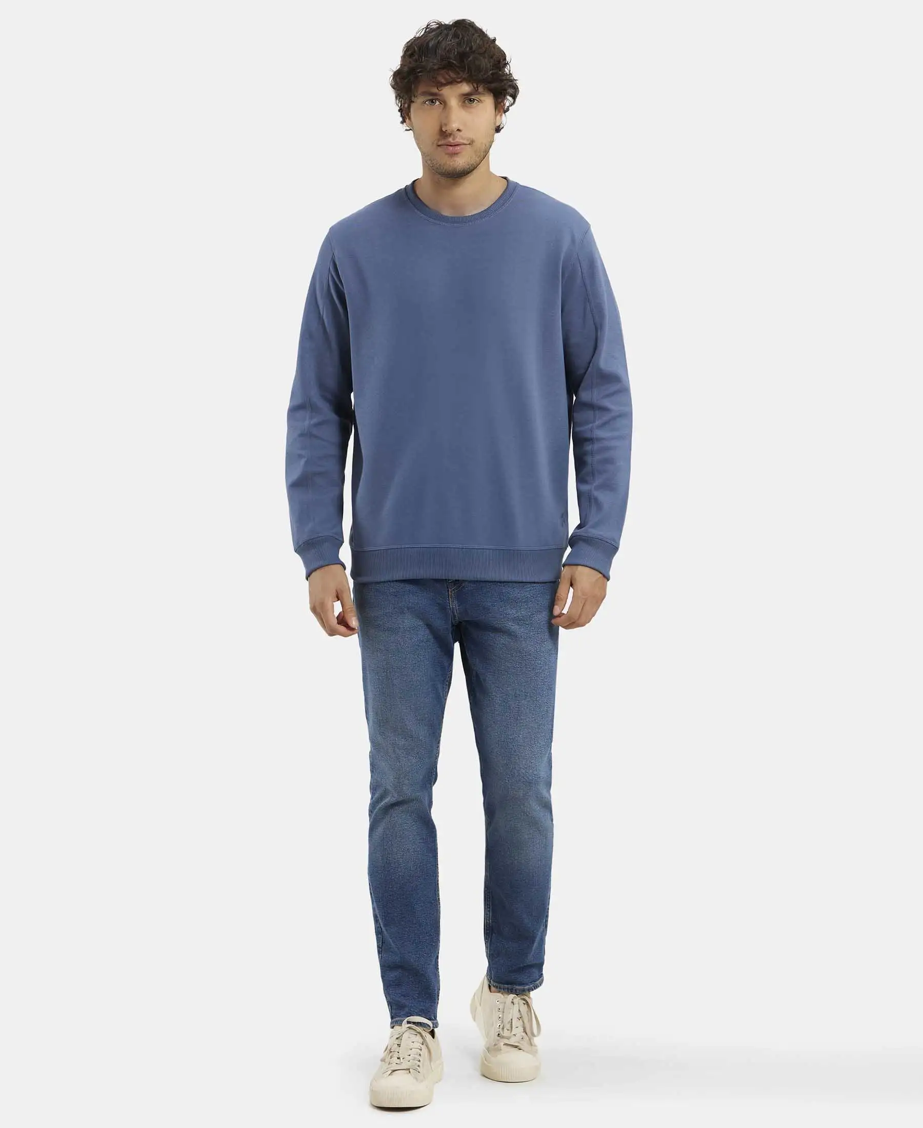 Super Combed Cotton Rich Pique Sweatshirt with Ribbed Cuffs - Vintage Indigo - Image 4