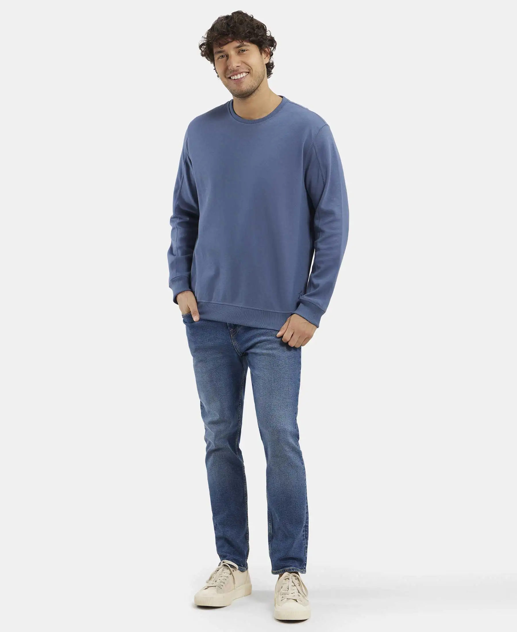 Super Combed Cotton Rich Pique Sweatshirt with Ribbed Cuffs - Vintage Indigo - Image 6