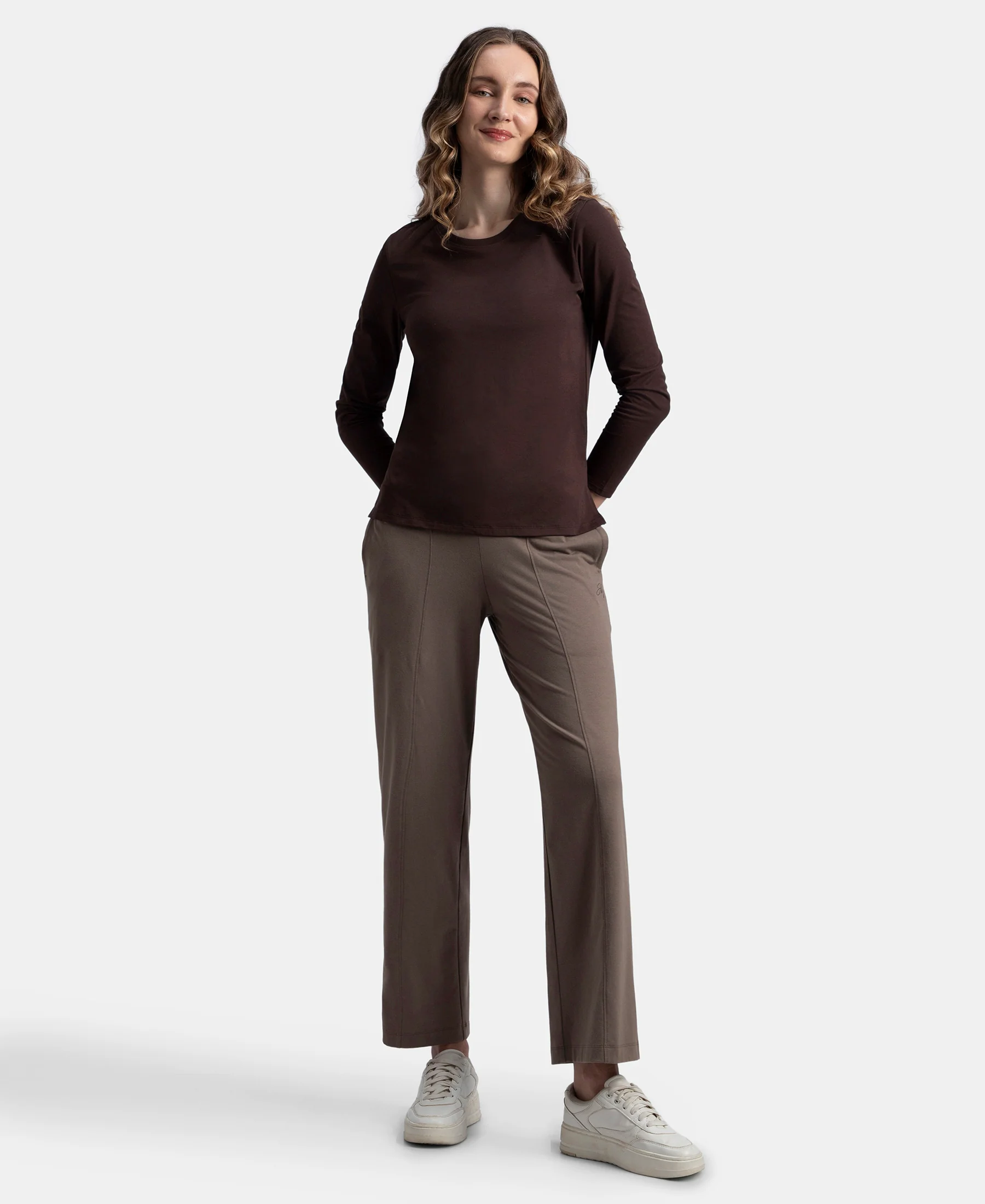 Super Combed Cotton Rich Relaxed Fit Solid Round Neck Full Sleeve T-Shirt - Puce - Image 4