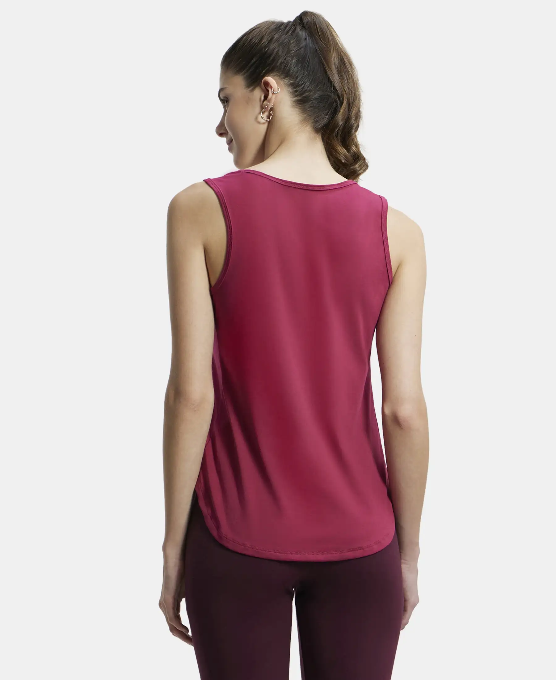 Super Combed Cotton Rich Solid Curved Hem Styled Tank Top - Red Plum - Image 3