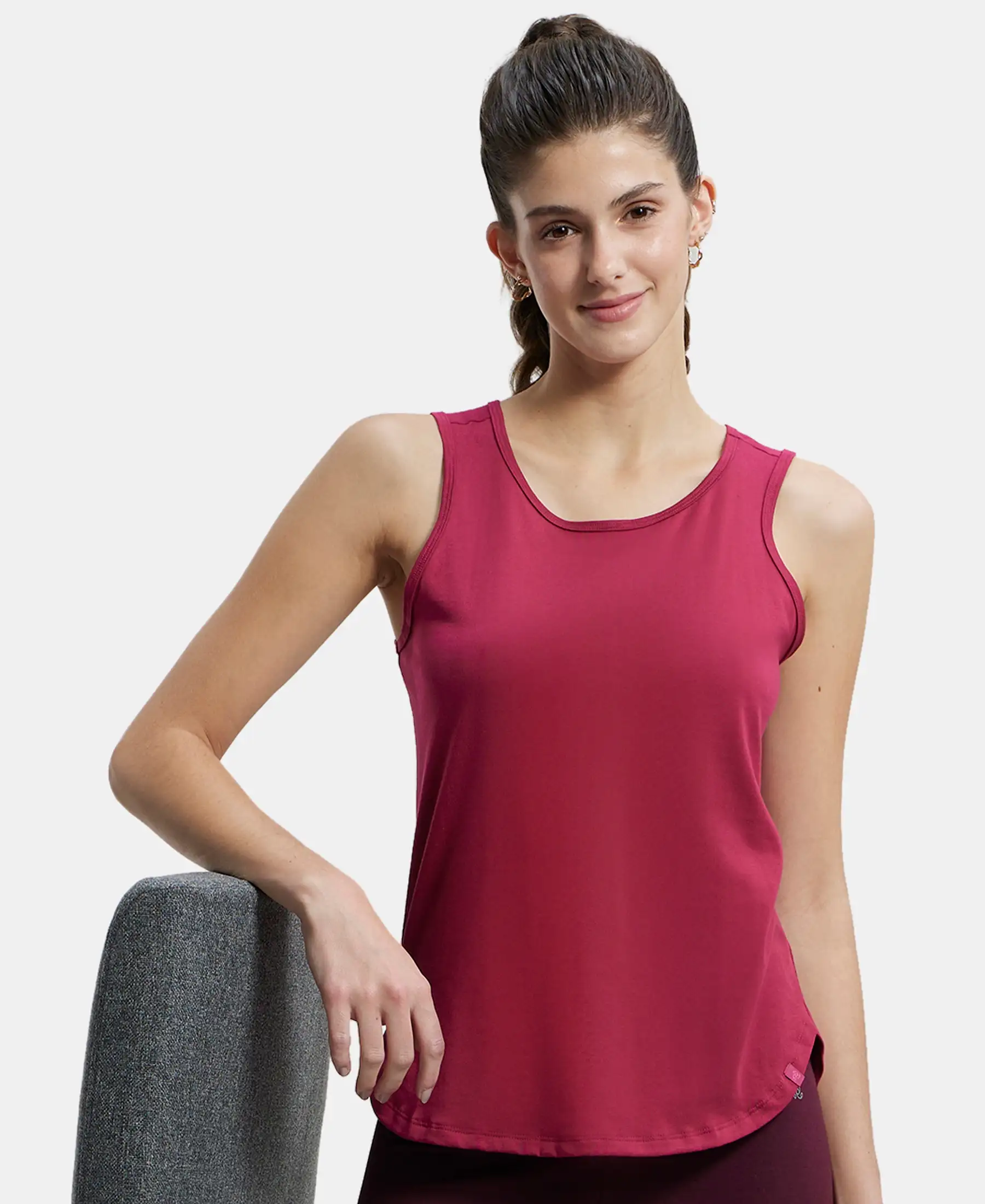 Super Combed Cotton Rich Solid Curved Hem Styled Tank Top - Red Plum - Image 5