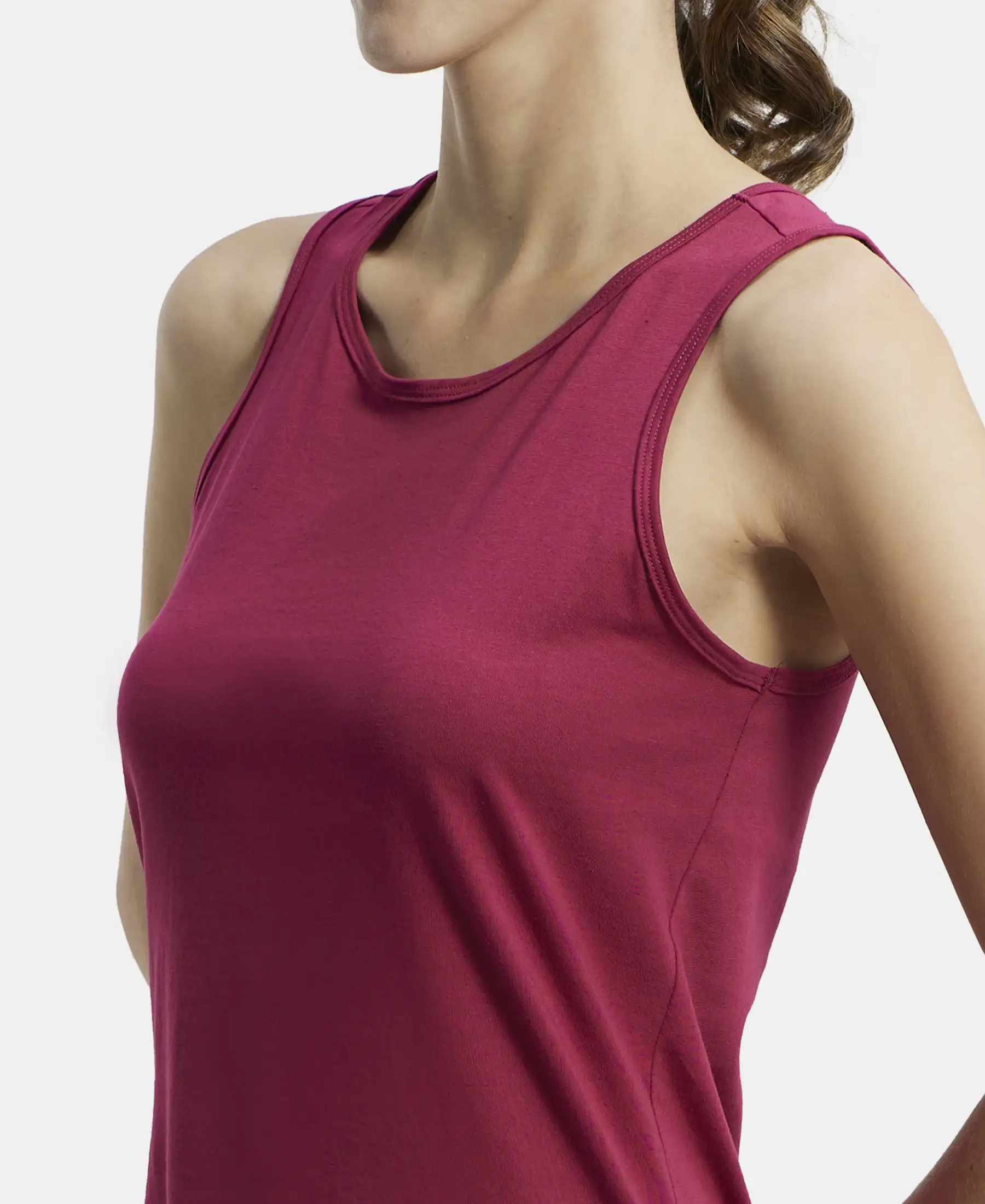 Super Combed Cotton Rich Solid Curved Hem Styled Tank Top - Red Plum - Image 6
