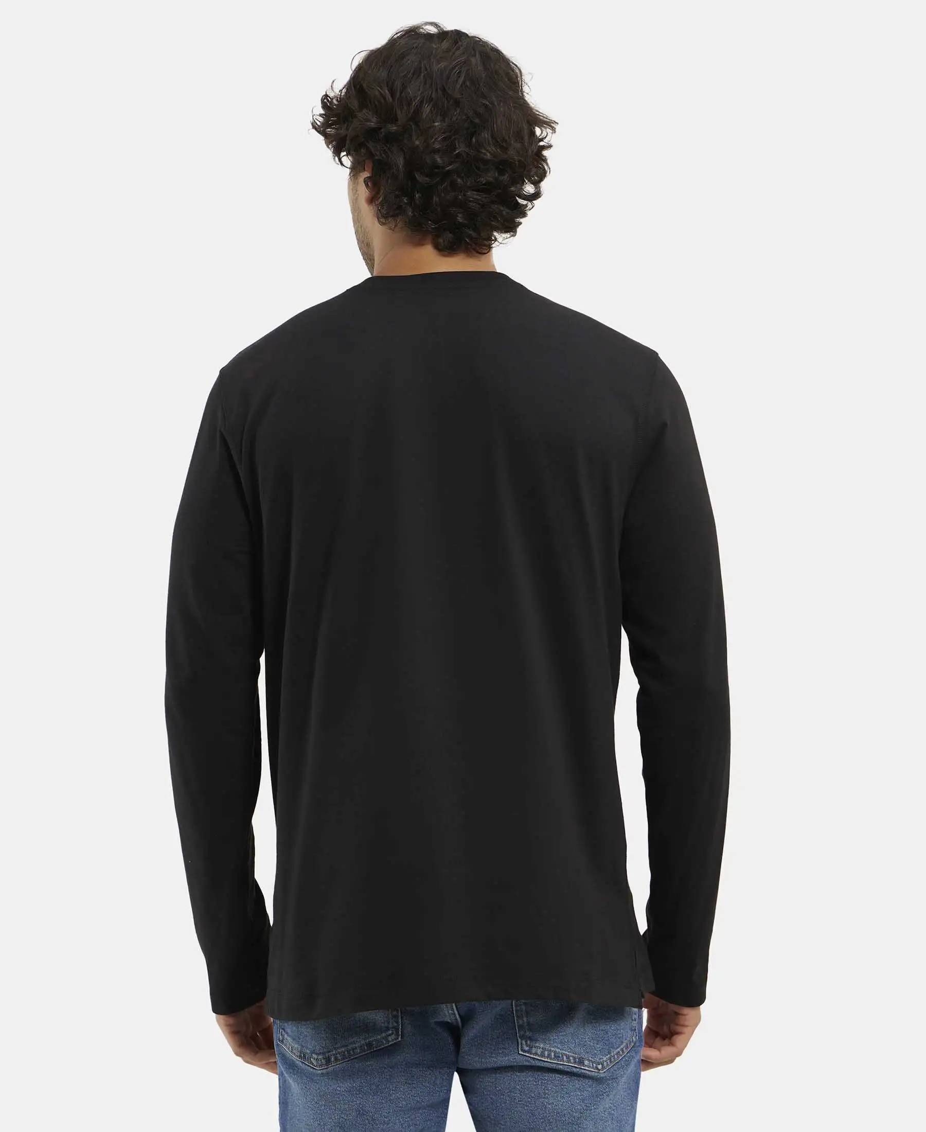Super Combed Cotton Rich Solid Full Sleeve Henley T-Shirt - Black - Image 3