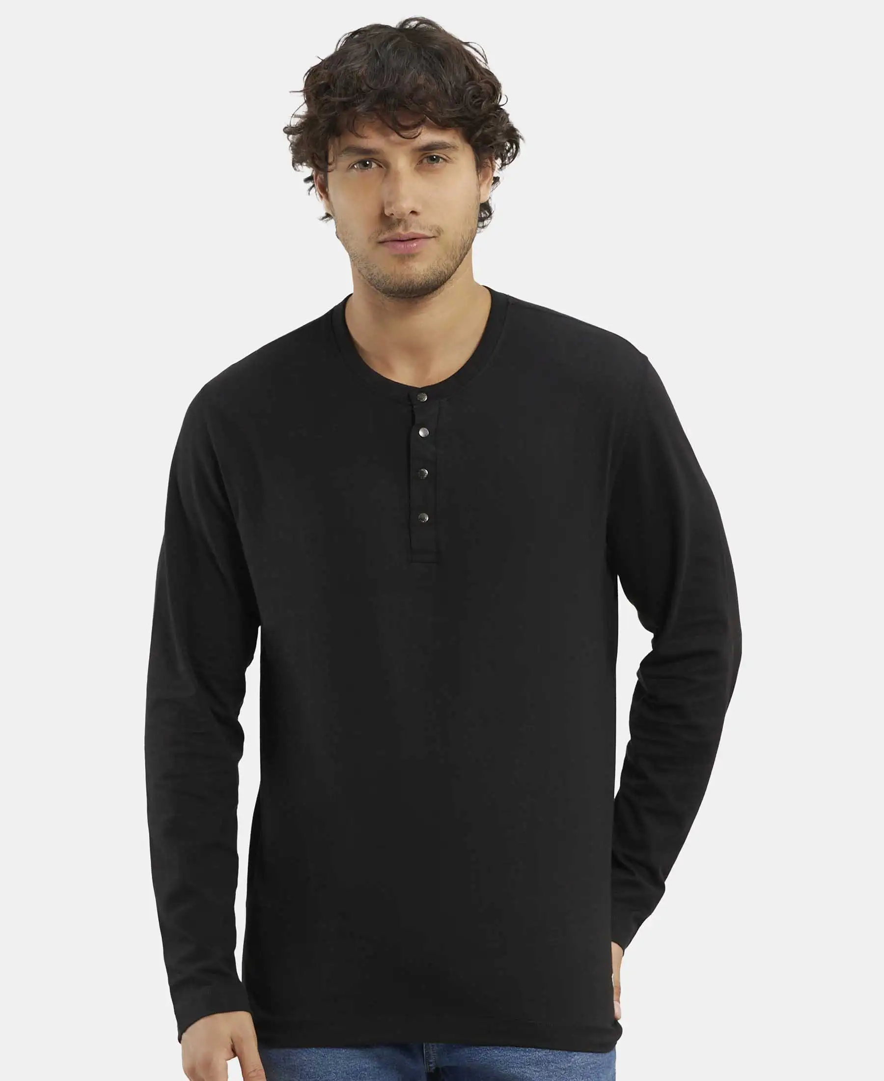 Super Combed Cotton Rich Solid Full Sleeve Henley T-Shirt - Black - Image 5