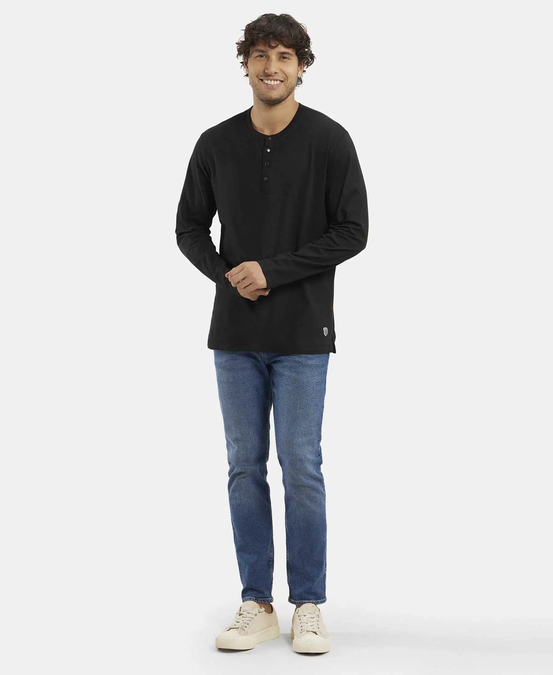 Super Combed Cotton Rich Solid Full Sleeve Henley T-Shirt - Black - Image 6