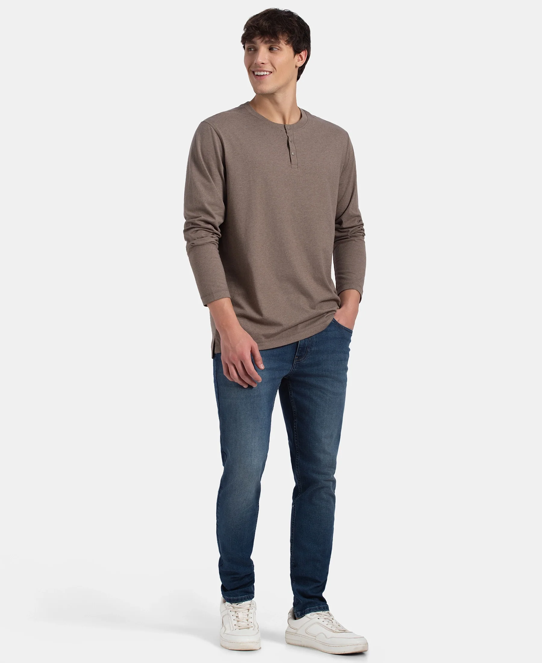 Super Combed Cotton Rich Solid Full Sleeve Henley T-Shirt - Dark Khaki Melange - Image 4