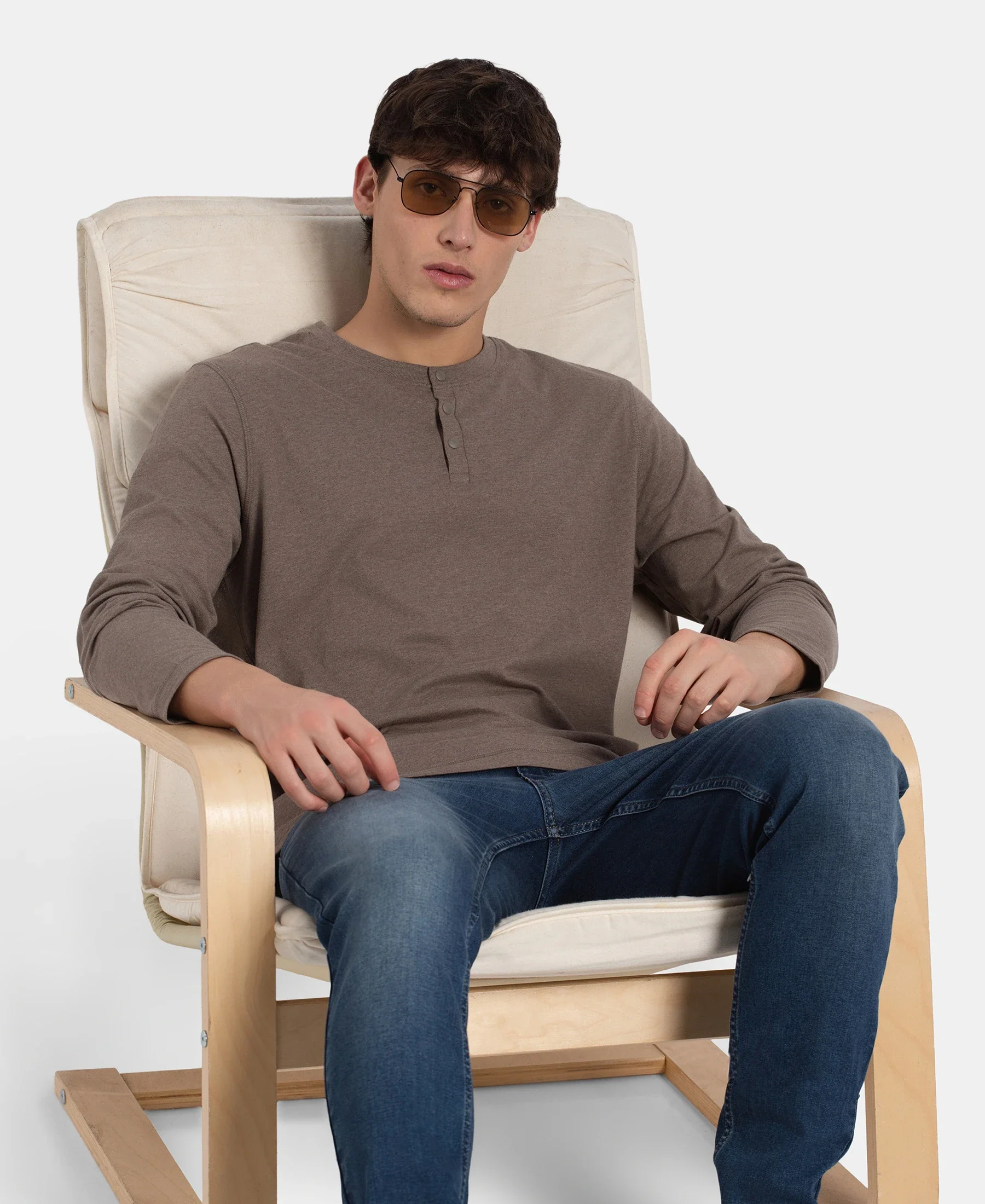 Super Combed Cotton Rich Solid Full Sleeve Henley T-Shirt - Dark Khaki Melange - Image 5