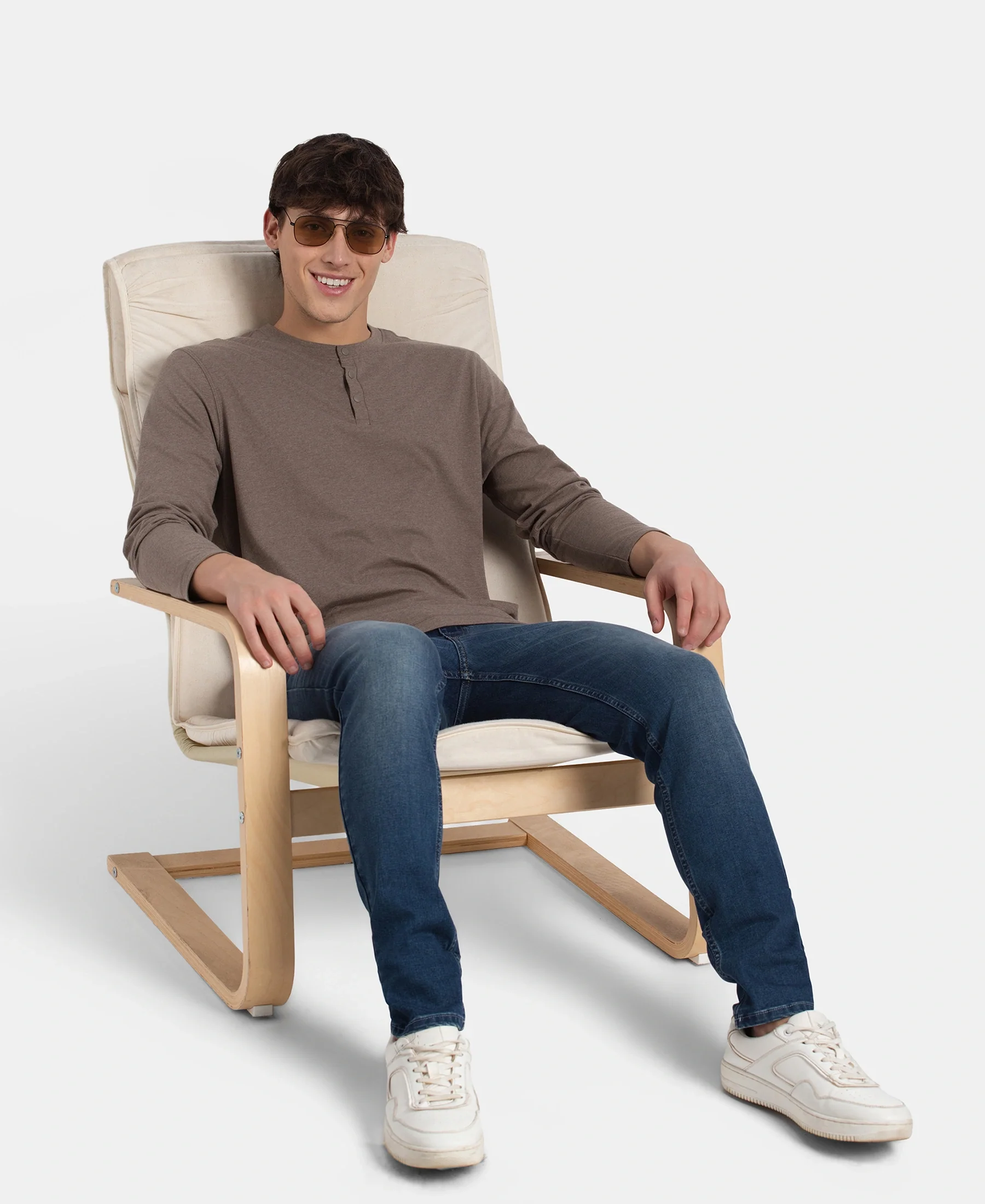 Super Combed Cotton Rich Solid Full Sleeve Henley T-Shirt - Dark Khaki Melange - Image 6