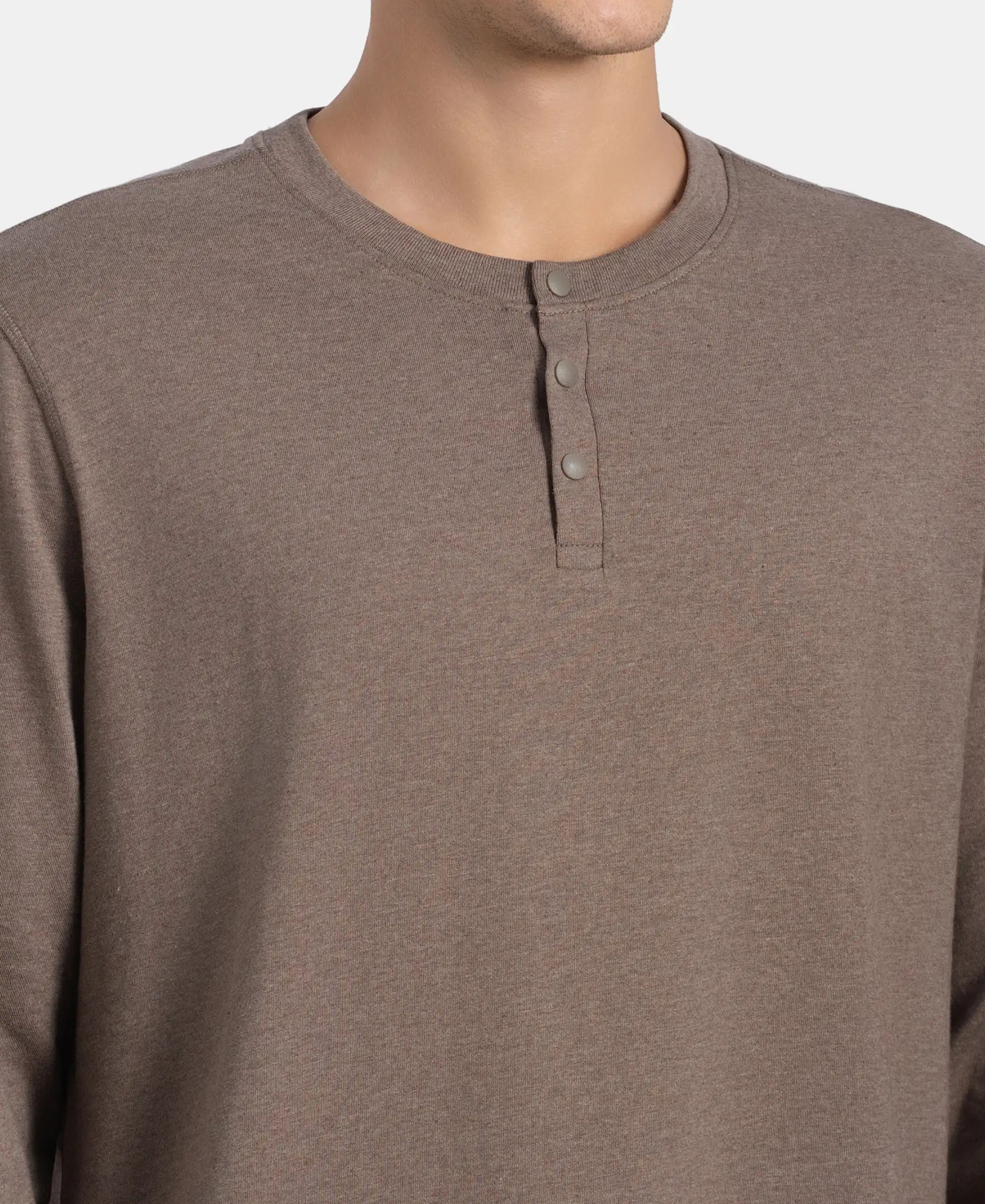 Super Combed Cotton Rich Solid Full Sleeve Henley T-Shirt - Dark Khaki Melange - Image 7