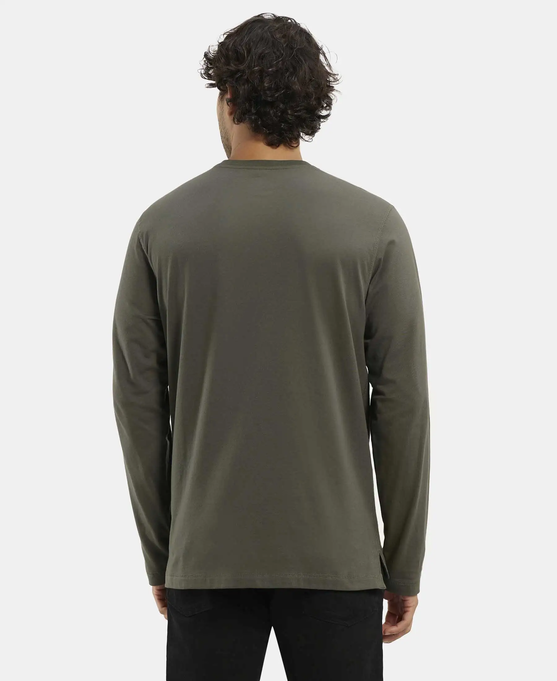 Super Combed Cotton Rich Solid Full Sleeve Henley T-Shirt - Deep Olive - Image 3