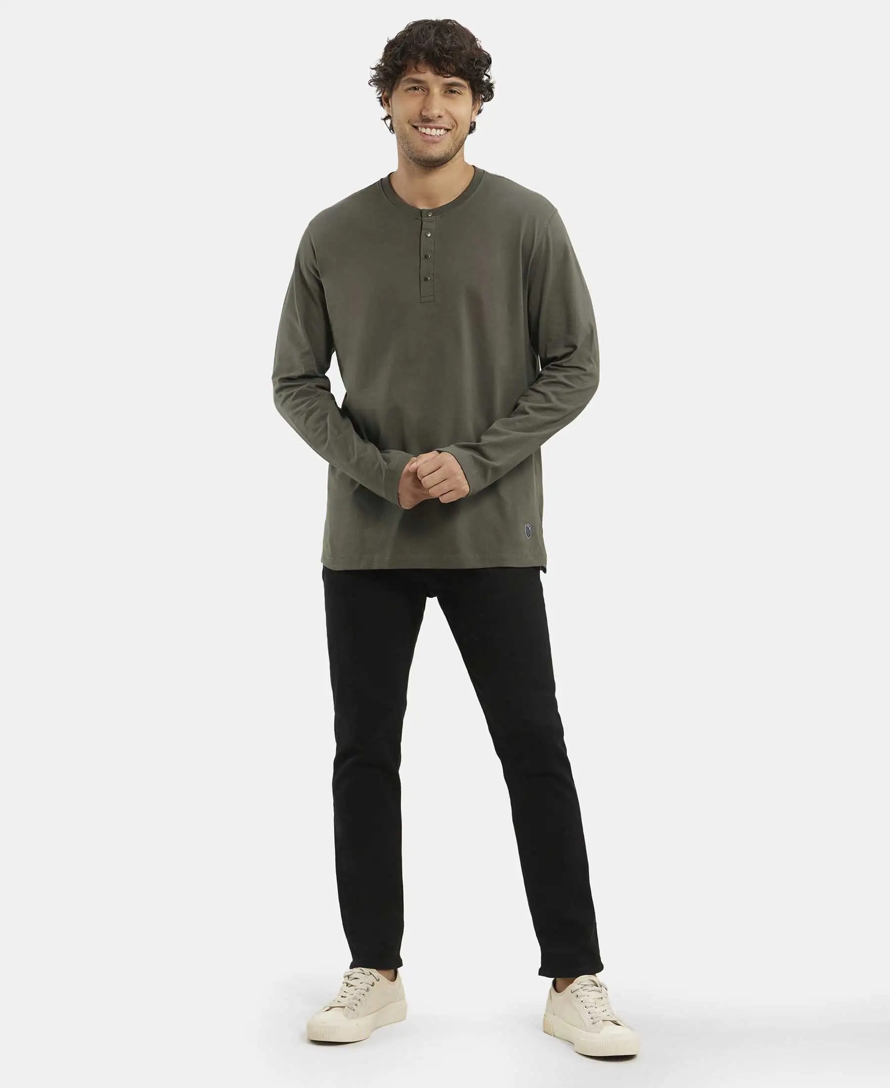Super Combed Cotton Rich Solid Full Sleeve Henley T-Shirt - Deep Olive - Image 4