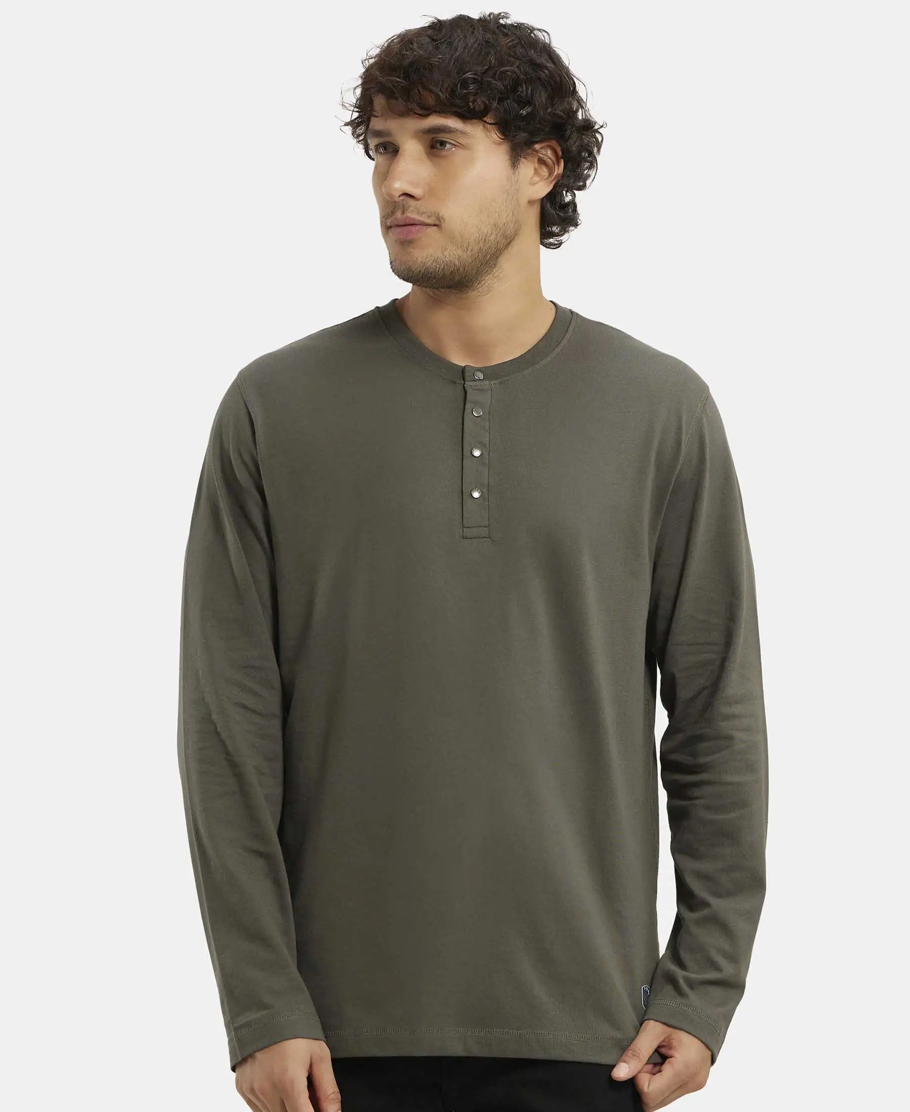 Super Combed Cotton Rich Solid Full Sleeve Henley T-Shirt - Deep Olive - Image 5