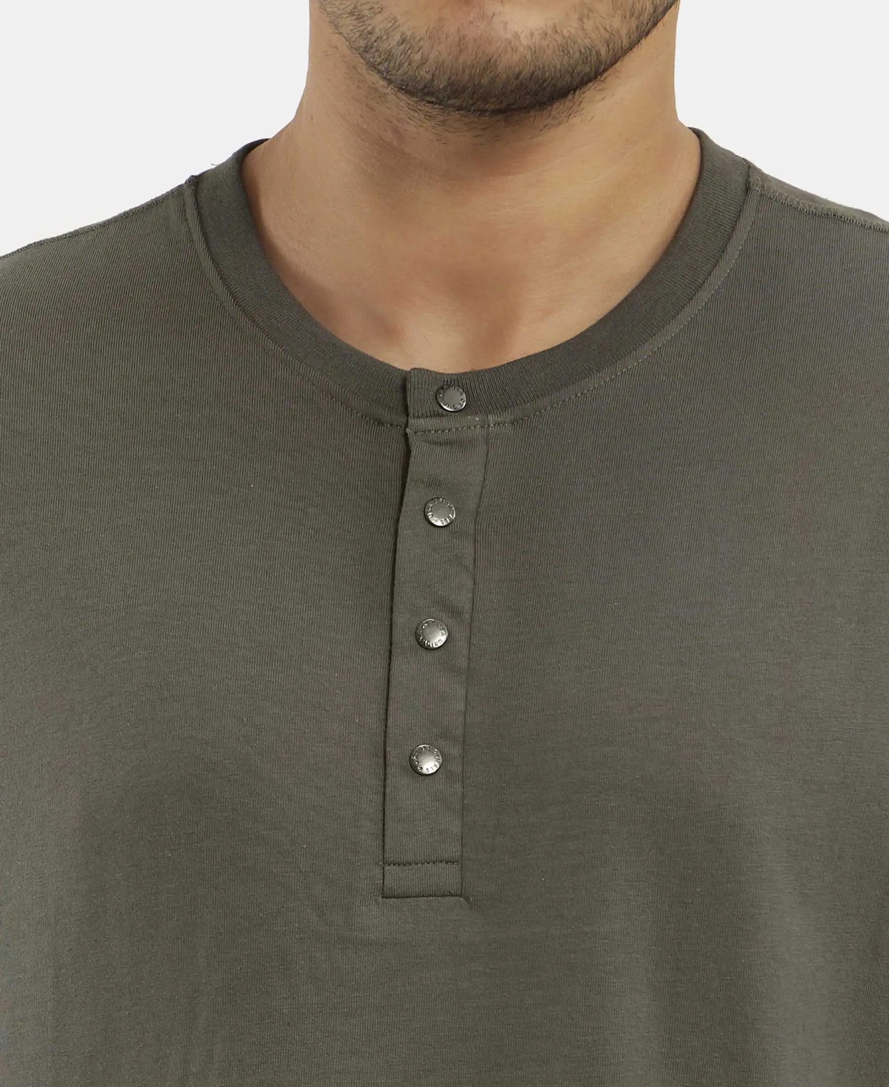 Super Combed Cotton Rich Solid Full Sleeve Henley T-Shirt - Deep Olive - Image 7
