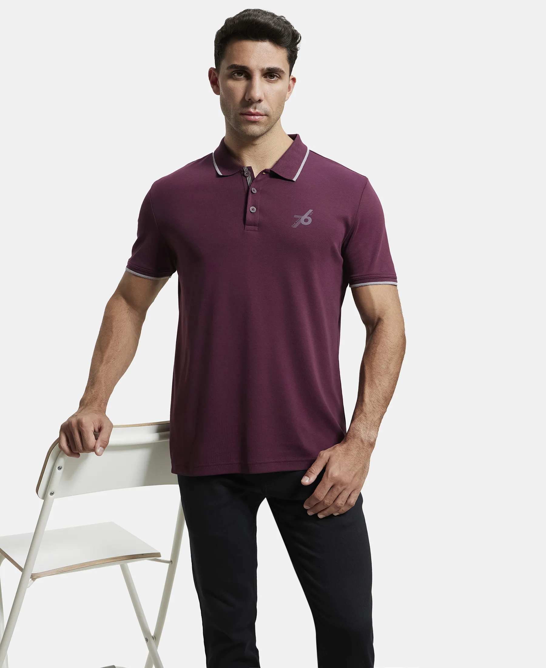 Super Combed Cotton Rich Solid Half Sleeve Polo T-Shirt - Wine Tasting - Image 6