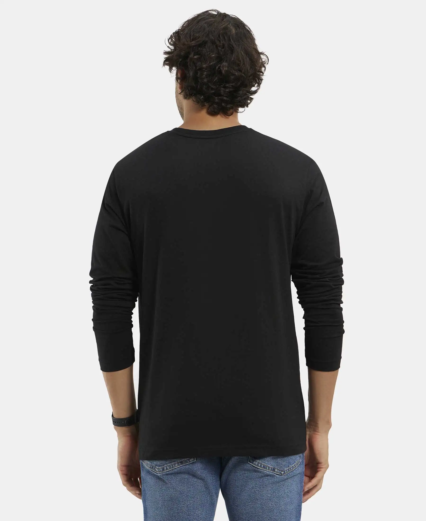 Super Combed Cotton Rich Solid Round Neck Full Sleeve T-Shirt - Black - Image 3