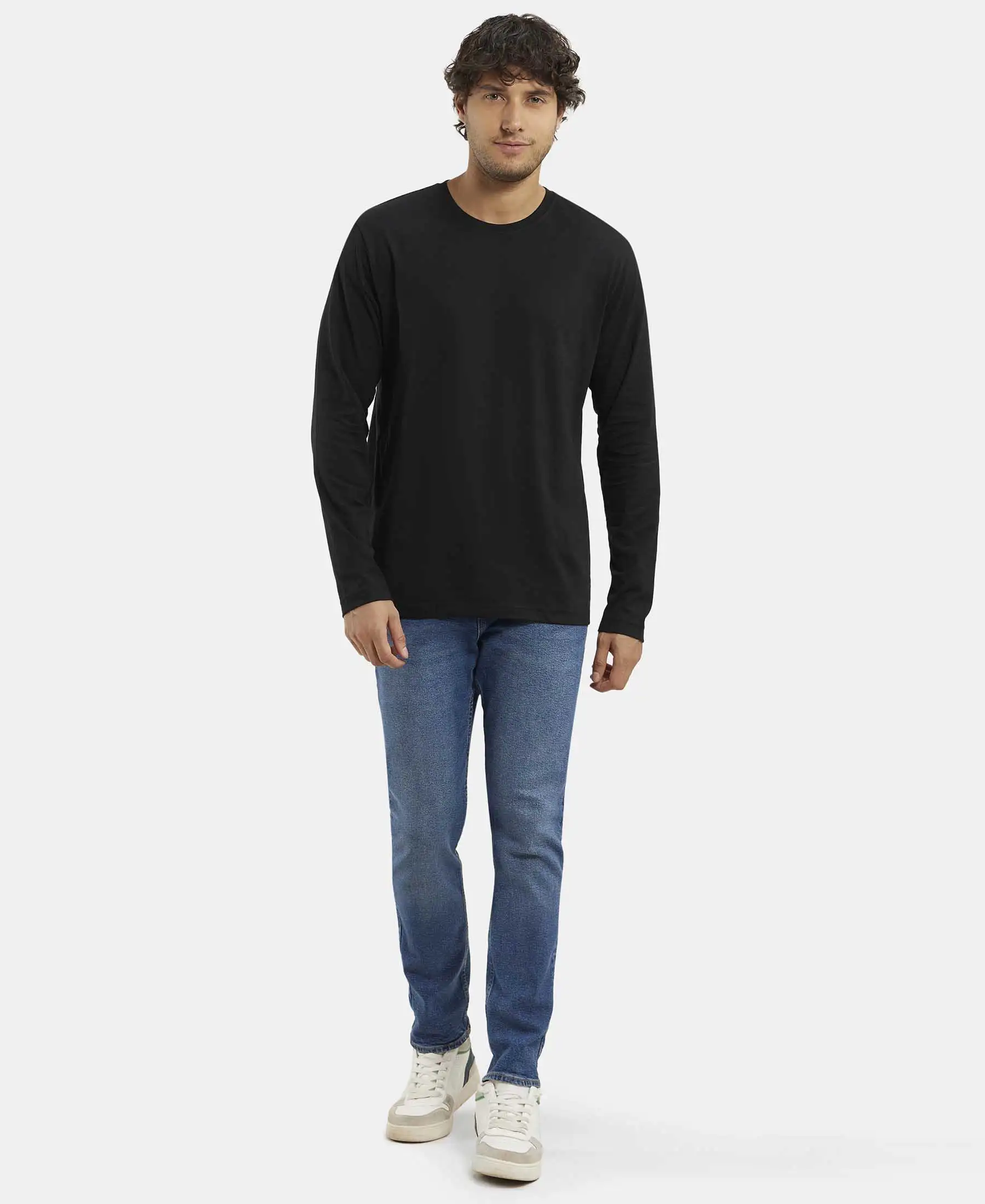Super Combed Cotton Rich Solid Round Neck Full Sleeve T-Shirt - Black - Image 4