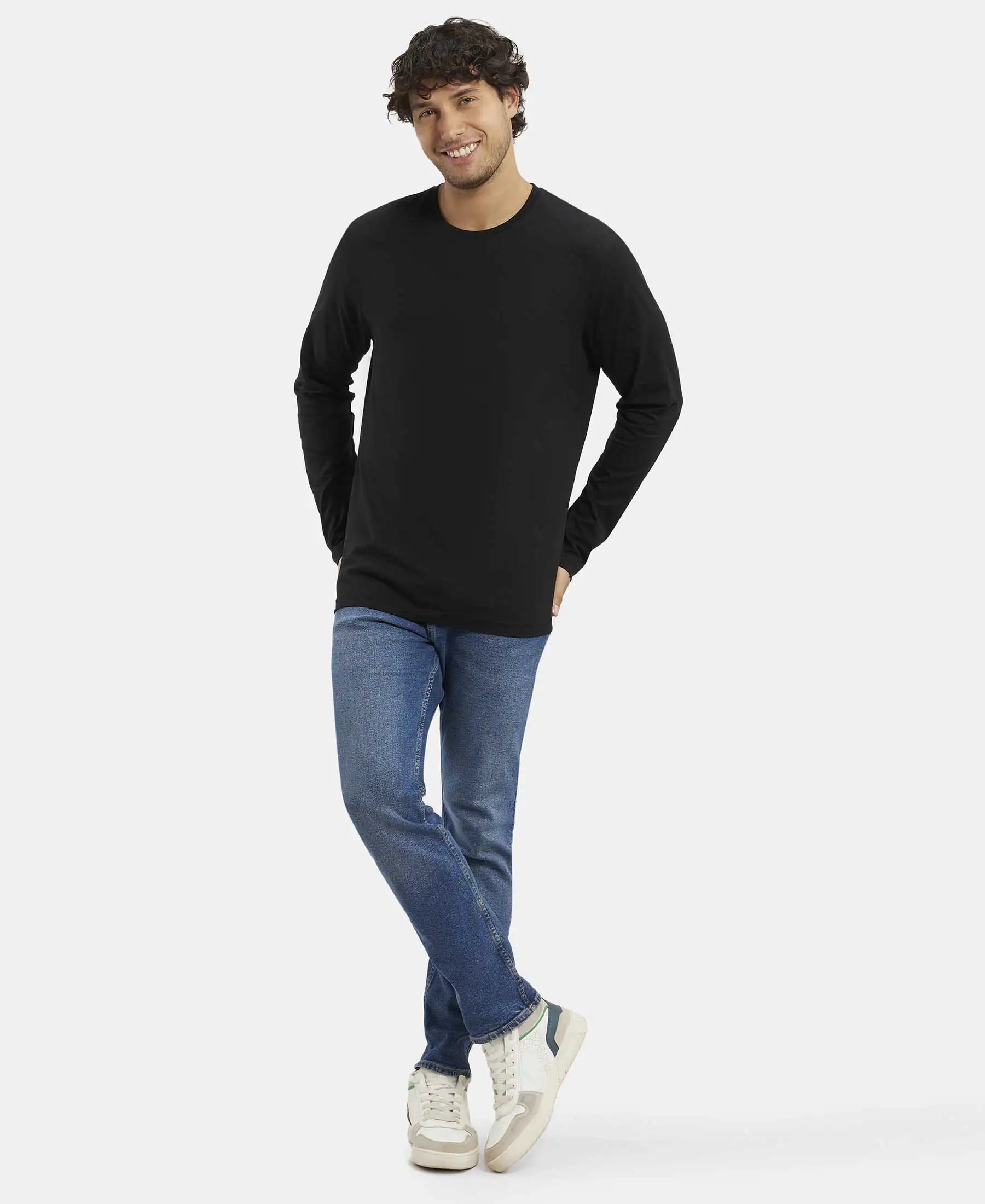 Super Combed Cotton Rich Solid Round Neck Full Sleeve T-Shirt - Black - Image 6