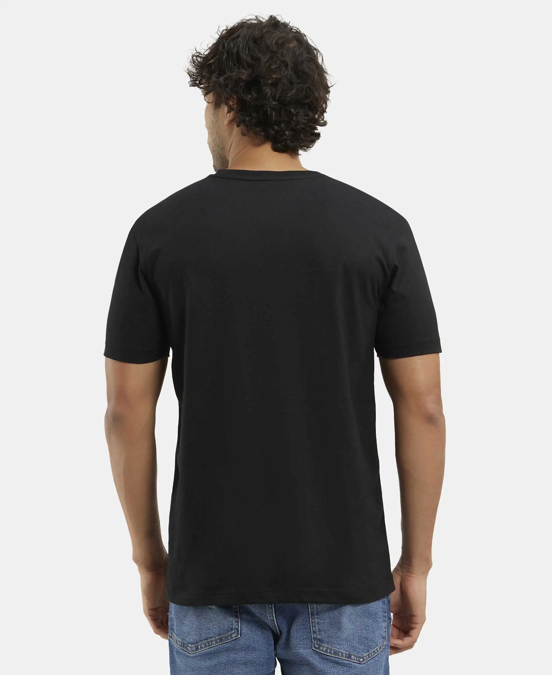 Super Combed Cotton Rich Solid V Neck Half Sleeve T-Shirt  - Black - Image 3