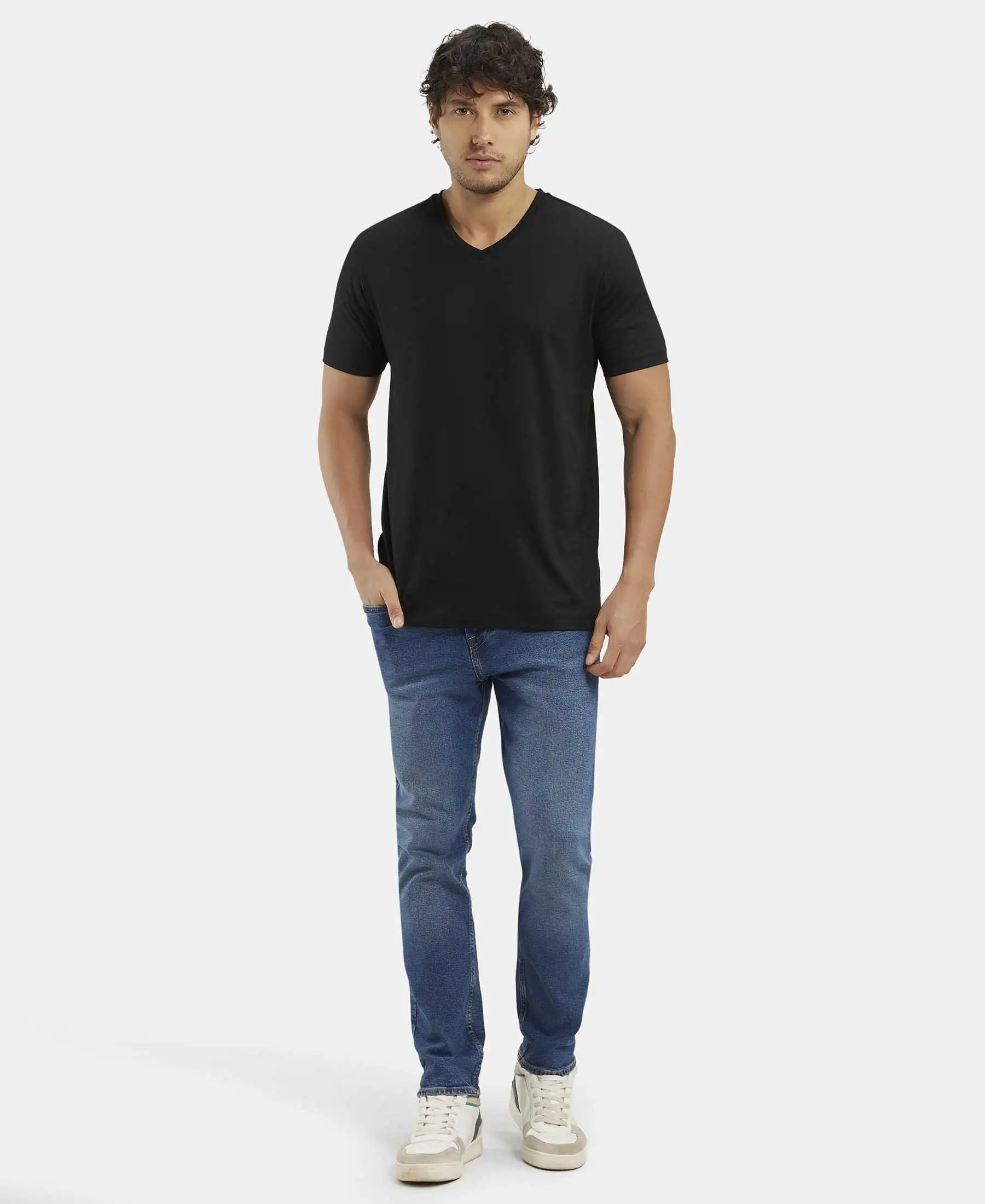 Super Combed Cotton Rich Solid V Neck Half Sleeve T-Shirt  - Black - Image 4