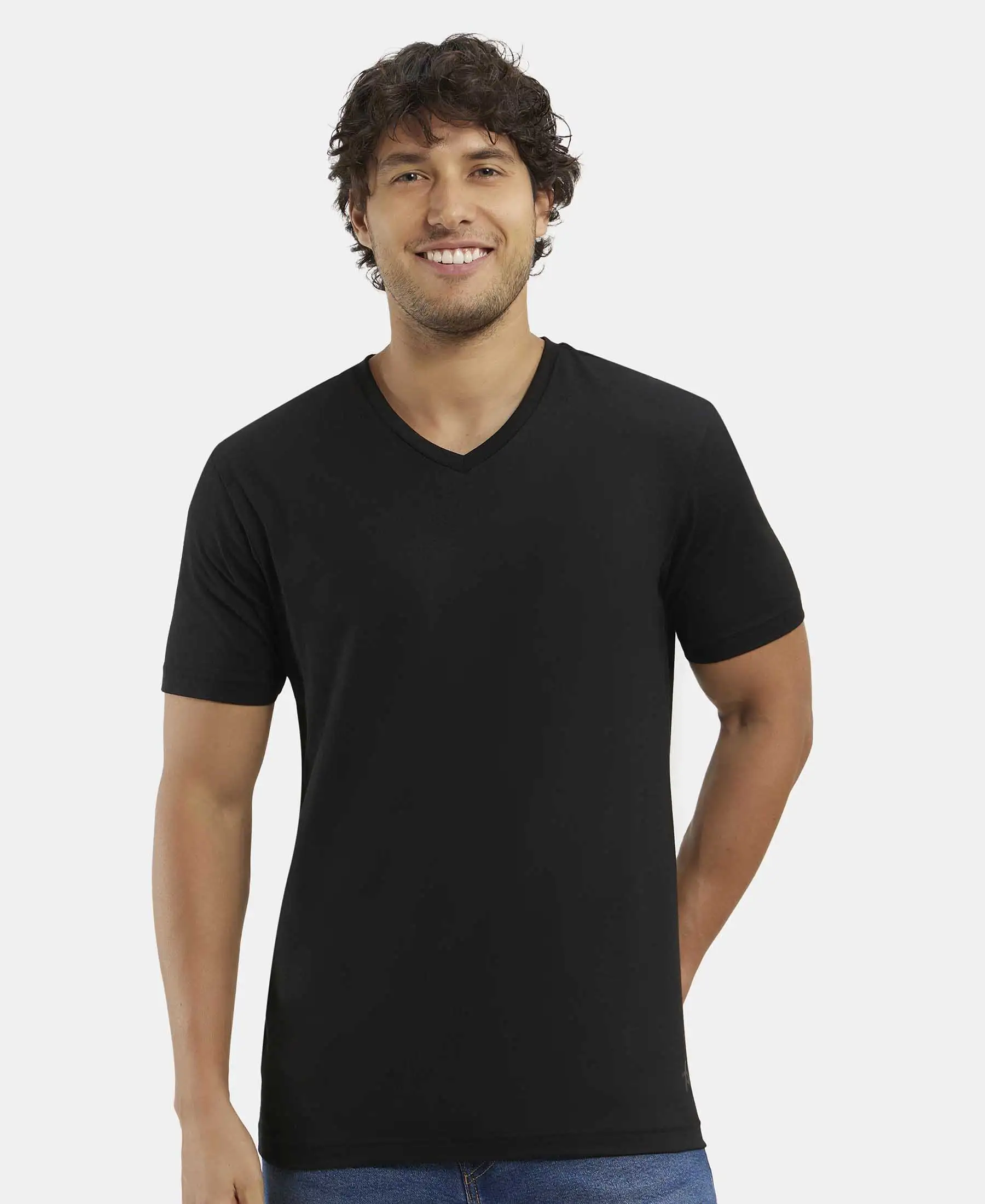 Super Combed Cotton Rich Solid V Neck Half Sleeve T-Shirt  - Black - Image 5