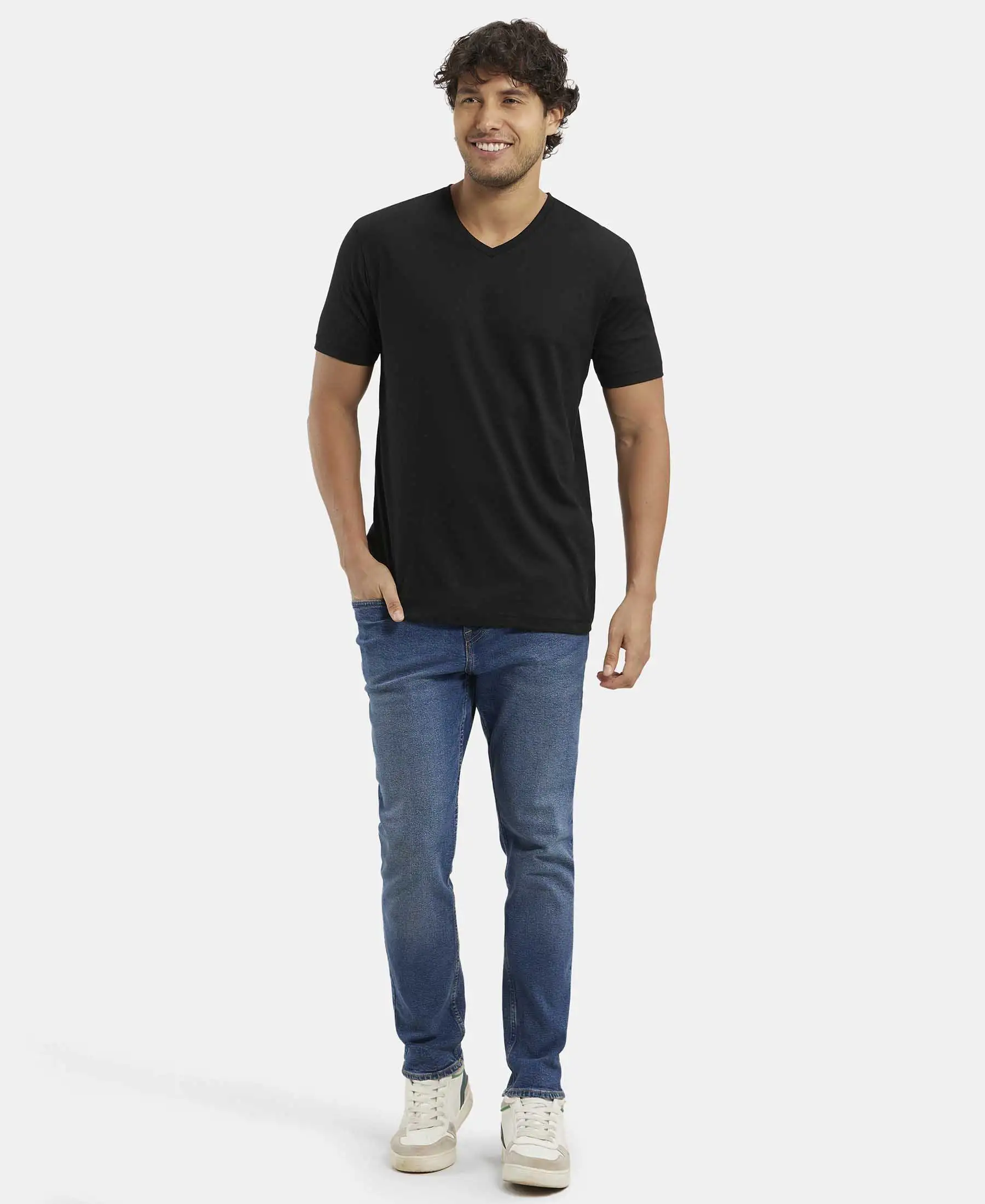 Super Combed Cotton Rich Solid V Neck Half Sleeve T-Shirt  - Black - Image 6