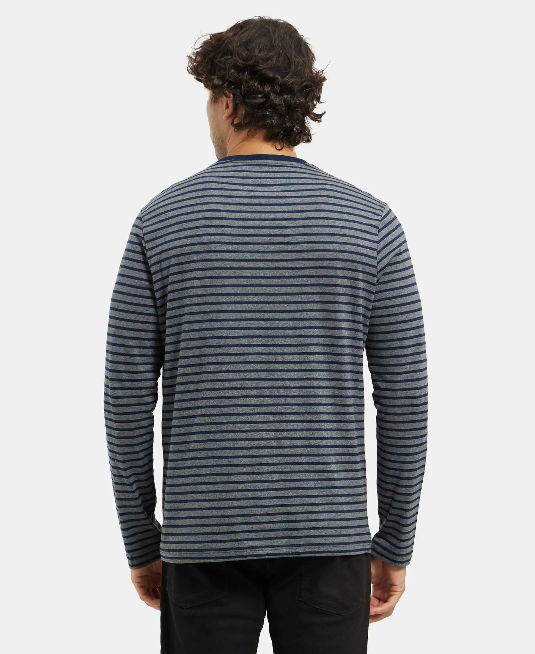 Super Combed Cotton Rich Striped Round Neck Full Sleeve T-Shirt - Charcoal & Navy - Image 3