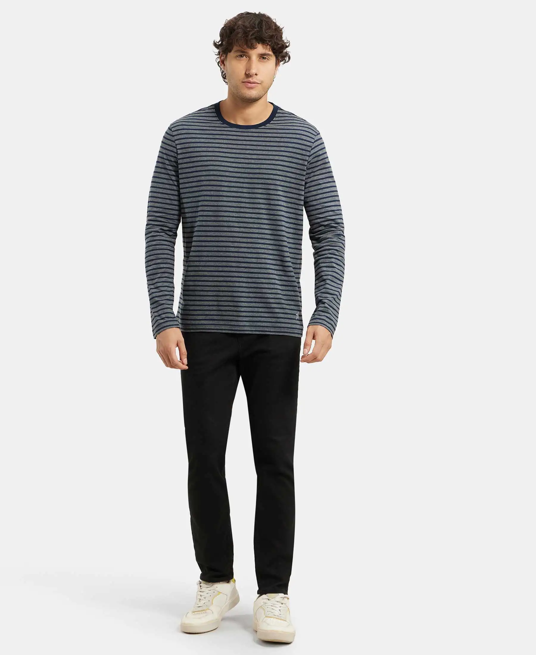 Super Combed Cotton Rich Striped Round Neck Full Sleeve T-Shirt - Charcoal & Navy - Image 4