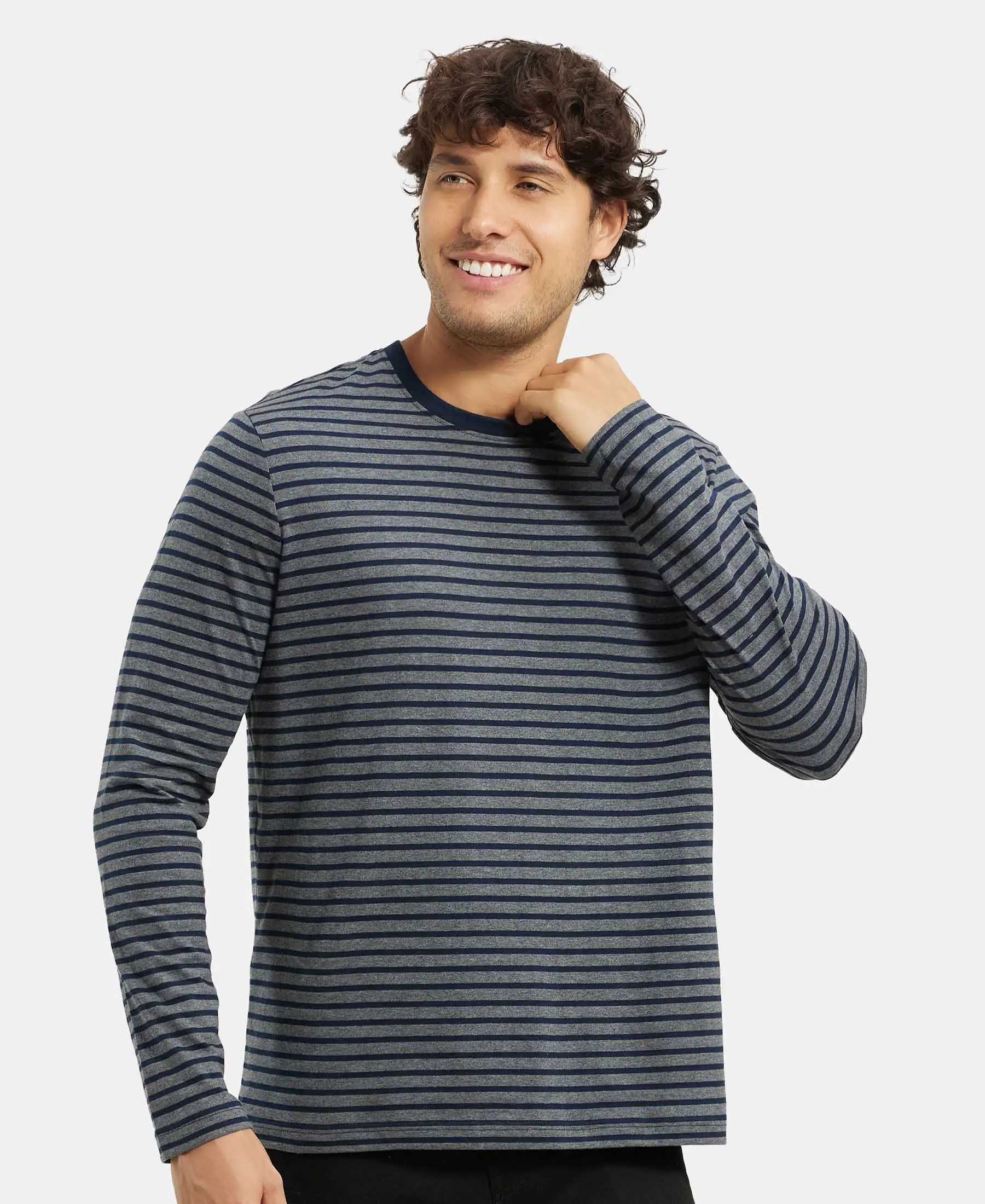 Super Combed Cotton Rich Striped Round Neck Full Sleeve T-Shirt - Charcoal & Navy - Image 5