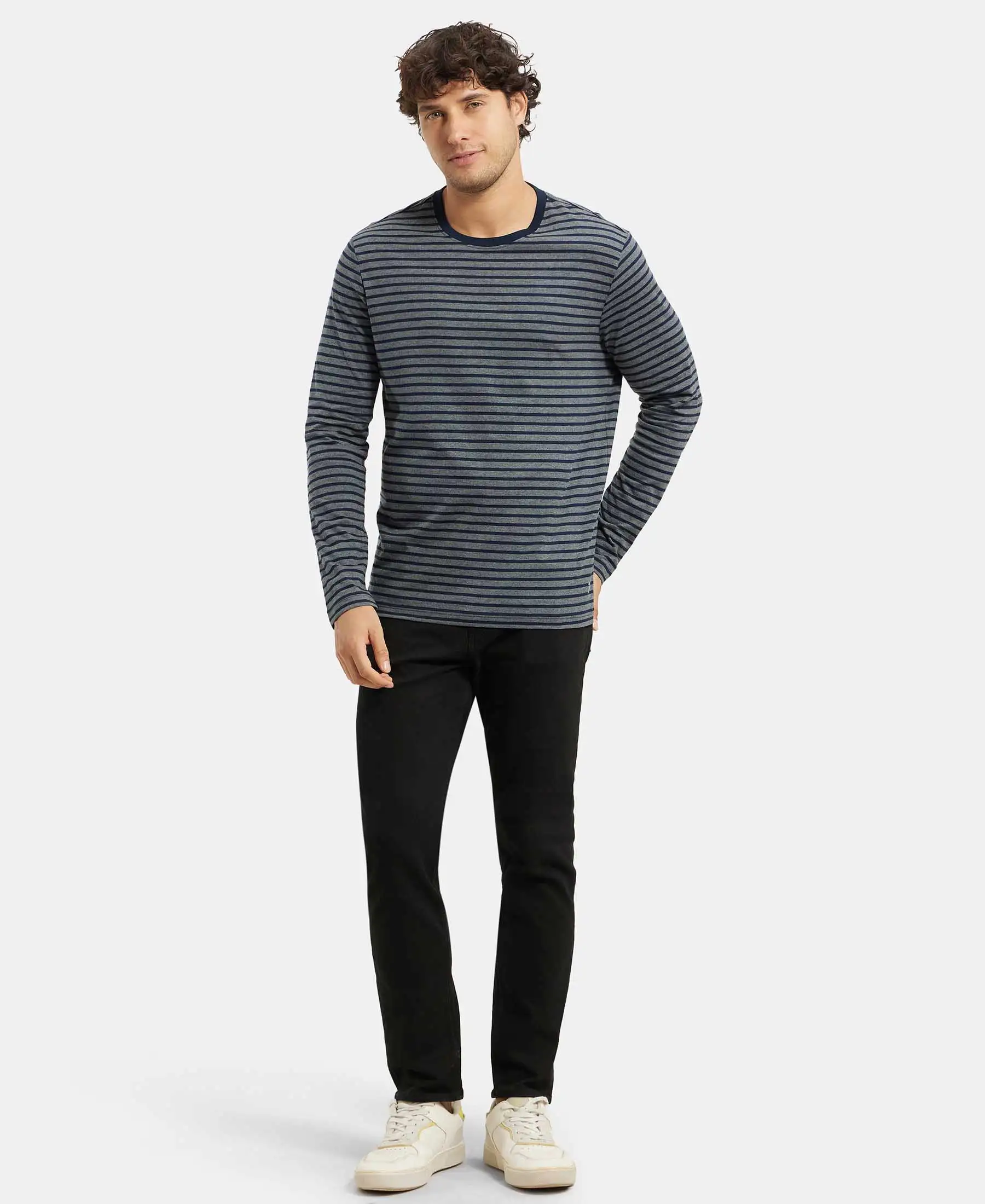 Super Combed Cotton Rich Striped Round Neck Full Sleeve T-Shirt - Charcoal & Navy - Image 6