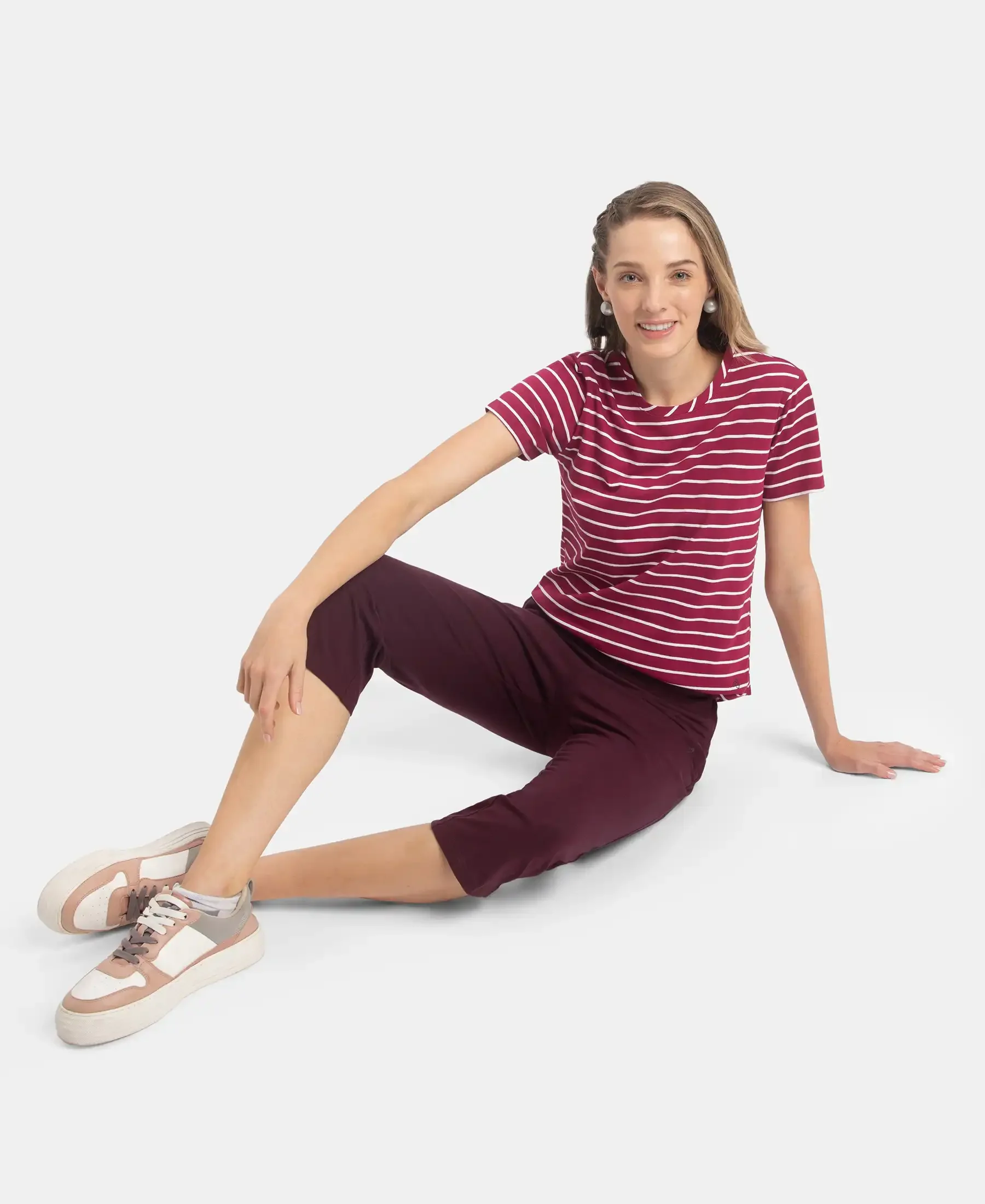 Super Combed Cotton Stripe Fabric Relaxed Fit Round Neck Half Sleeve T-Shirt with Curved Hem Styling - Red Plum - Image 6