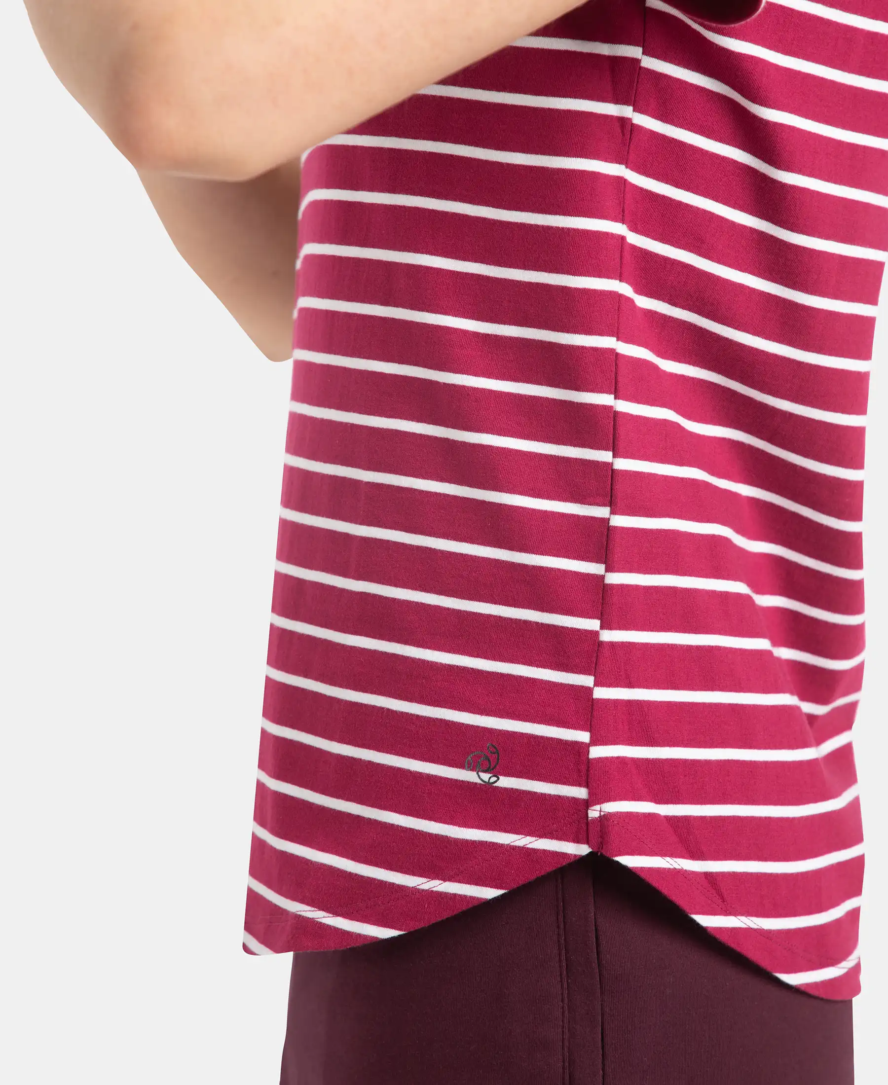 Super Combed Cotton Stripe Fabric Relaxed Fit Round Neck Half Sleeve T-Shirt with Curved Hem Styling - Red Plum - Image 8