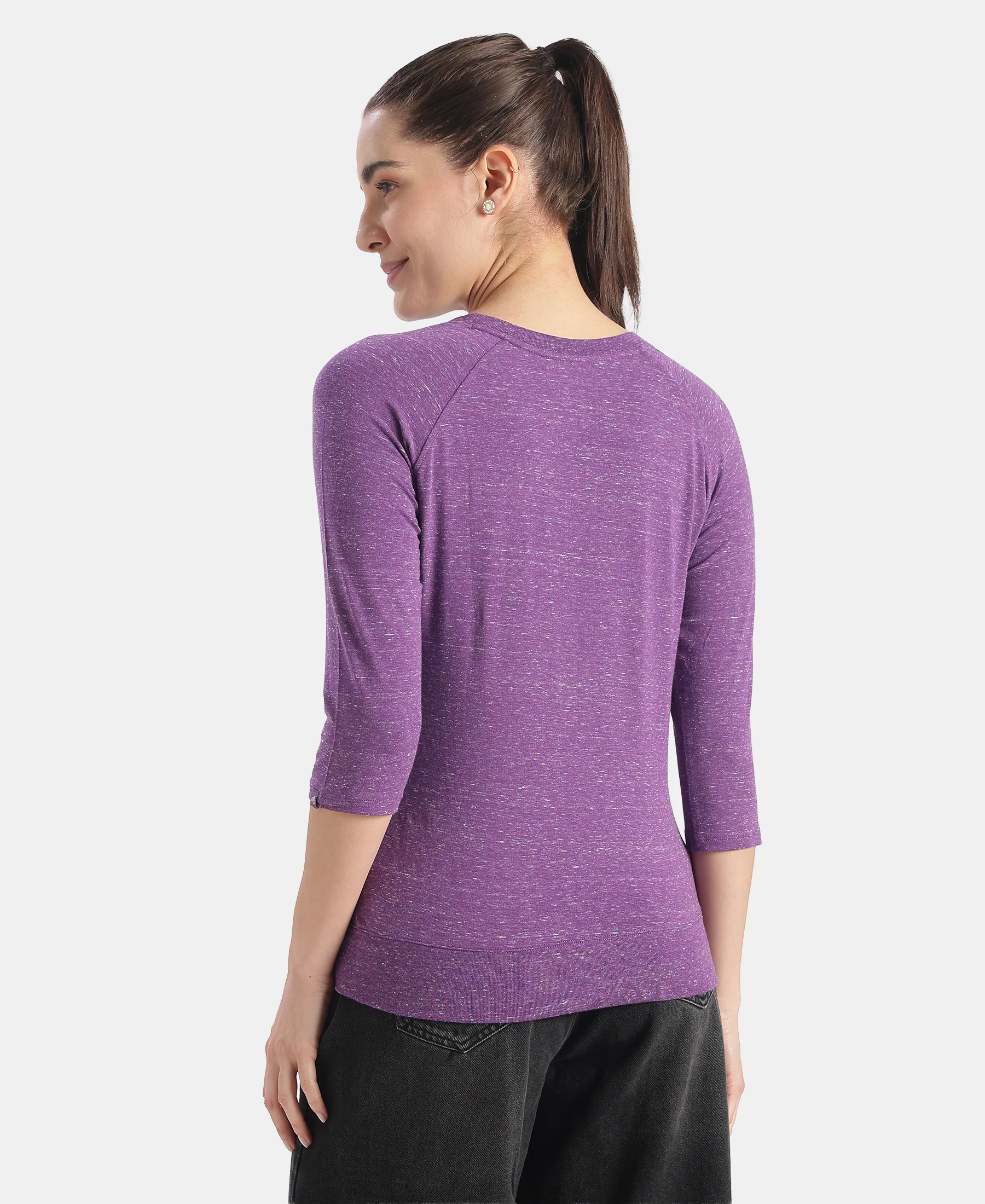 Super Combed Cotton Viscose Elastane Stretch Regular Fit Solid Round Neck Three Quarter Sleeve T-Shirt - Amaranth Purple Snow Melange - Image 3