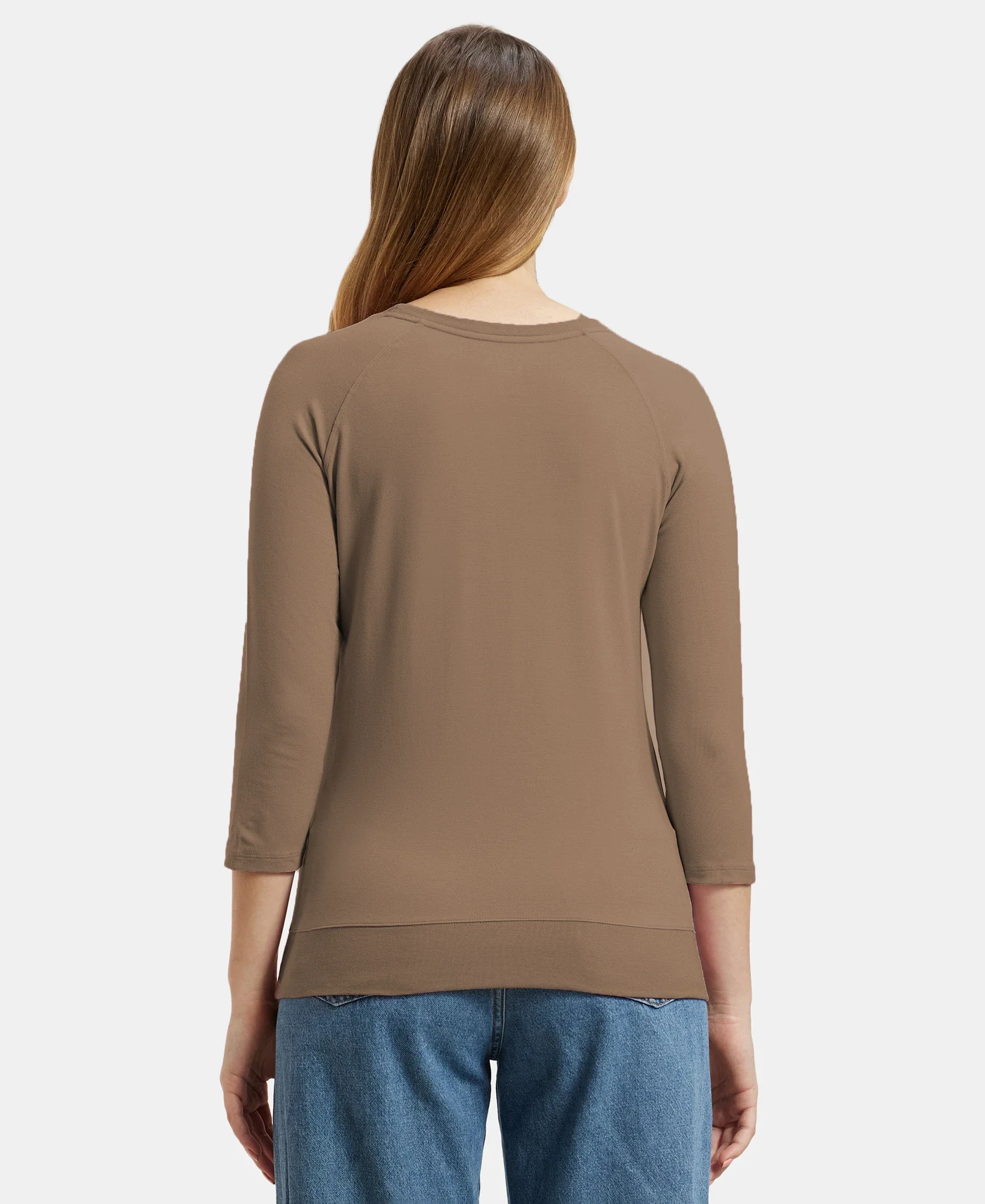 Super Combed Cotton Viscose Elastane Stretch Regular Fit Solid Round Neck Three Quarter Sleeve T-Shirt - Taupe Grey - Image 3