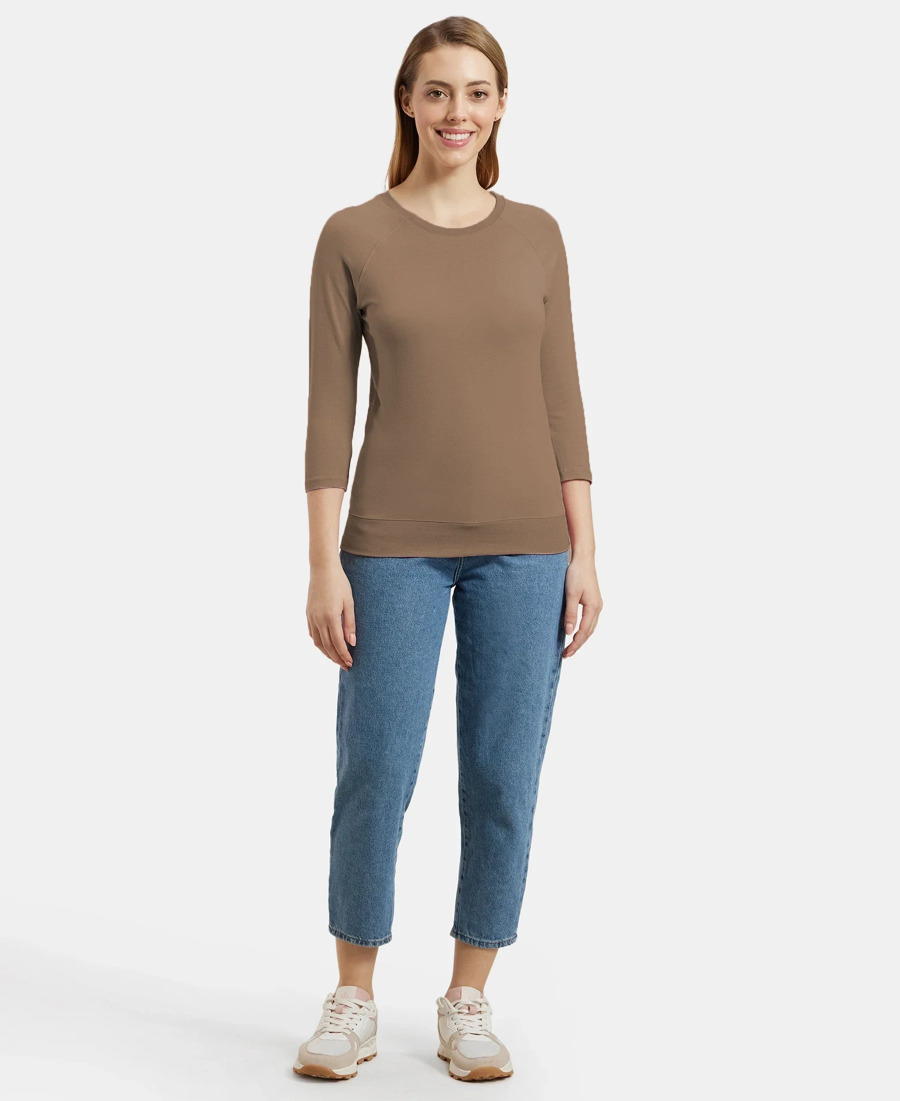 Super Combed Cotton Viscose Elastane Stretch Regular Fit Solid Round Neck Three Quarter Sleeve T-Shirt - Taupe Grey - Image 4
