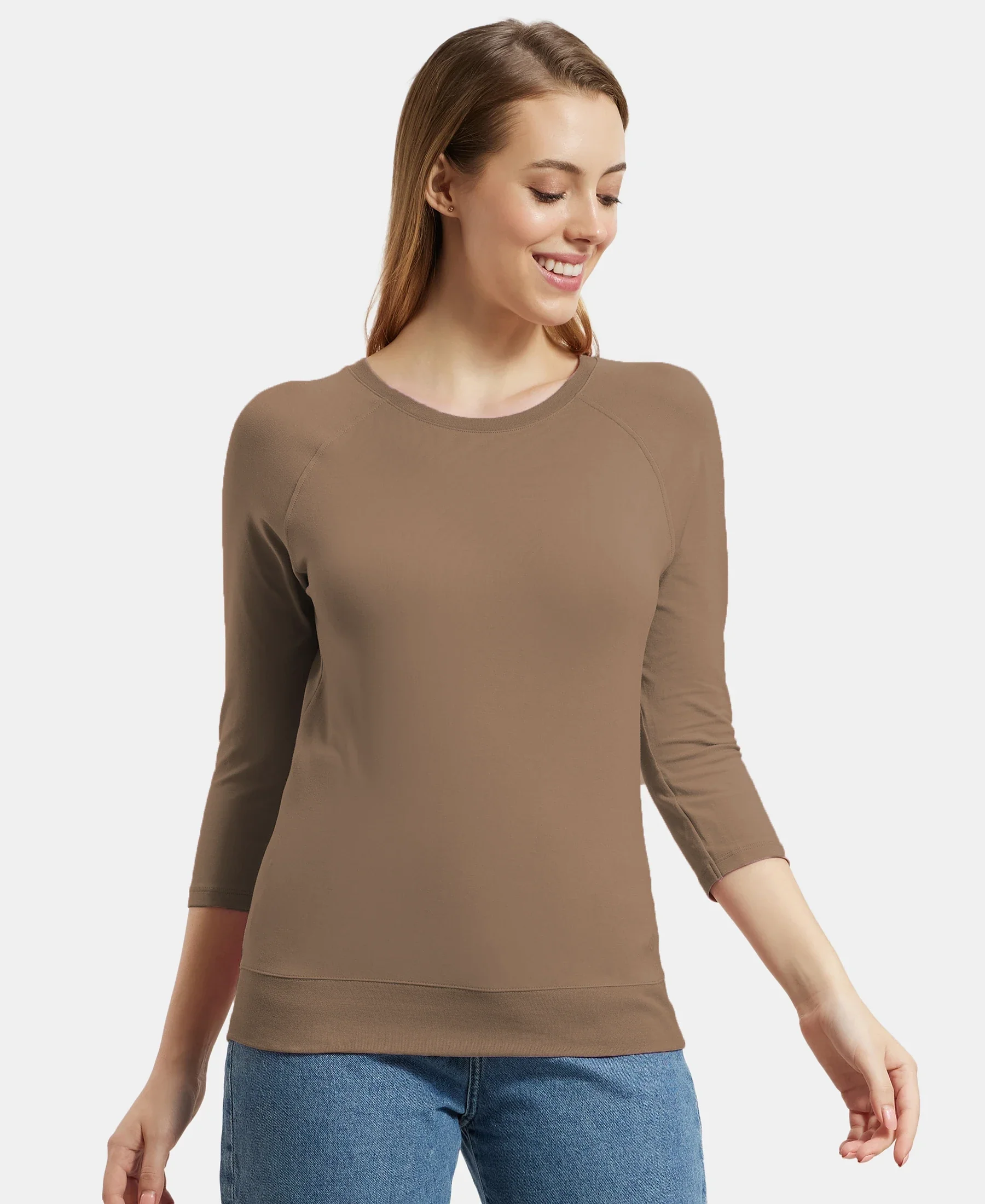Super Combed Cotton Viscose Elastane Stretch Regular Fit Solid Round Neck Three Quarter Sleeve T-Shirt - Taupe Grey - Image 5