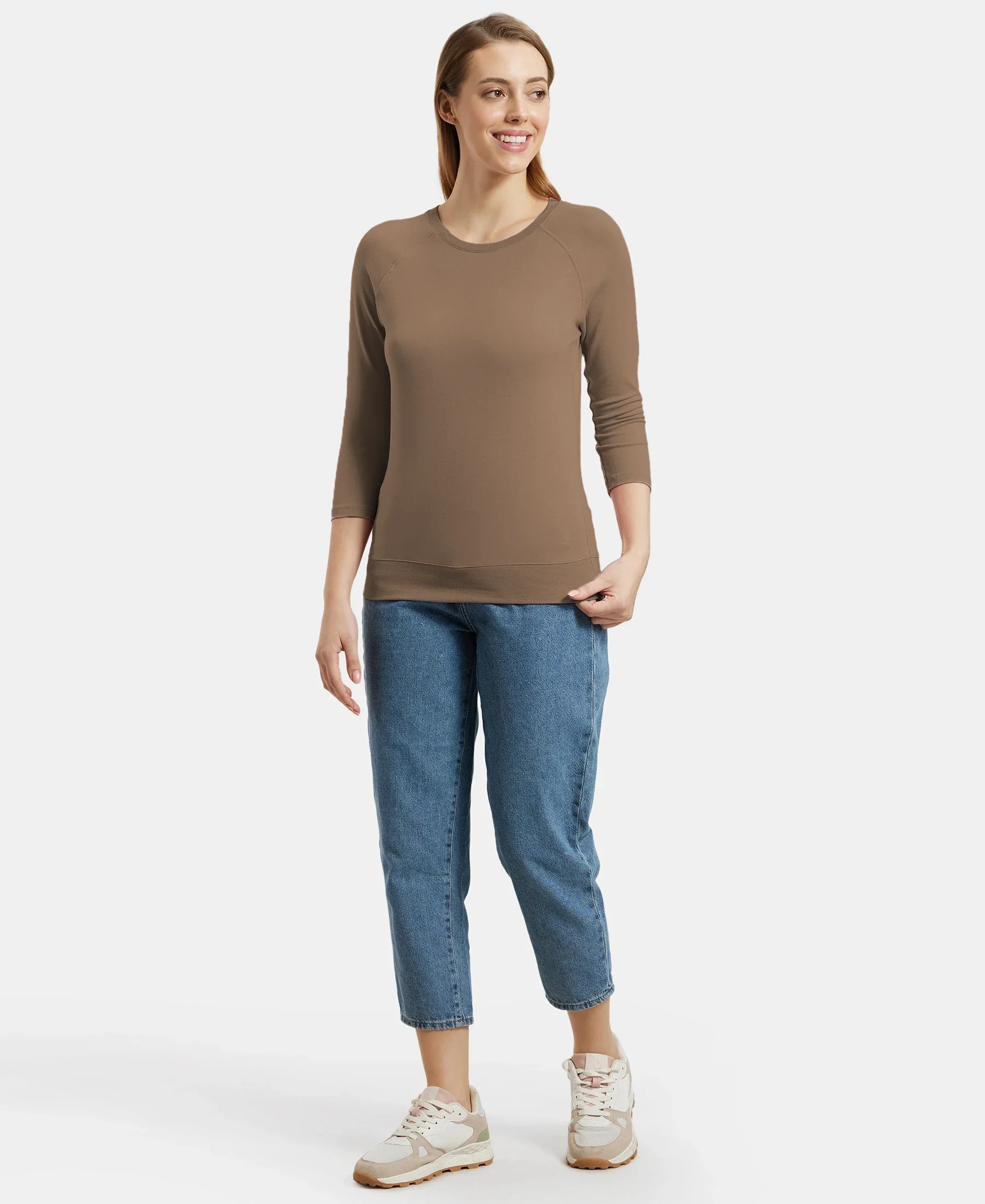 Super Combed Cotton Viscose Elastane Stretch Regular Fit Solid Round Neck Three Quarter Sleeve T-Shirt - Taupe Grey - Image 6