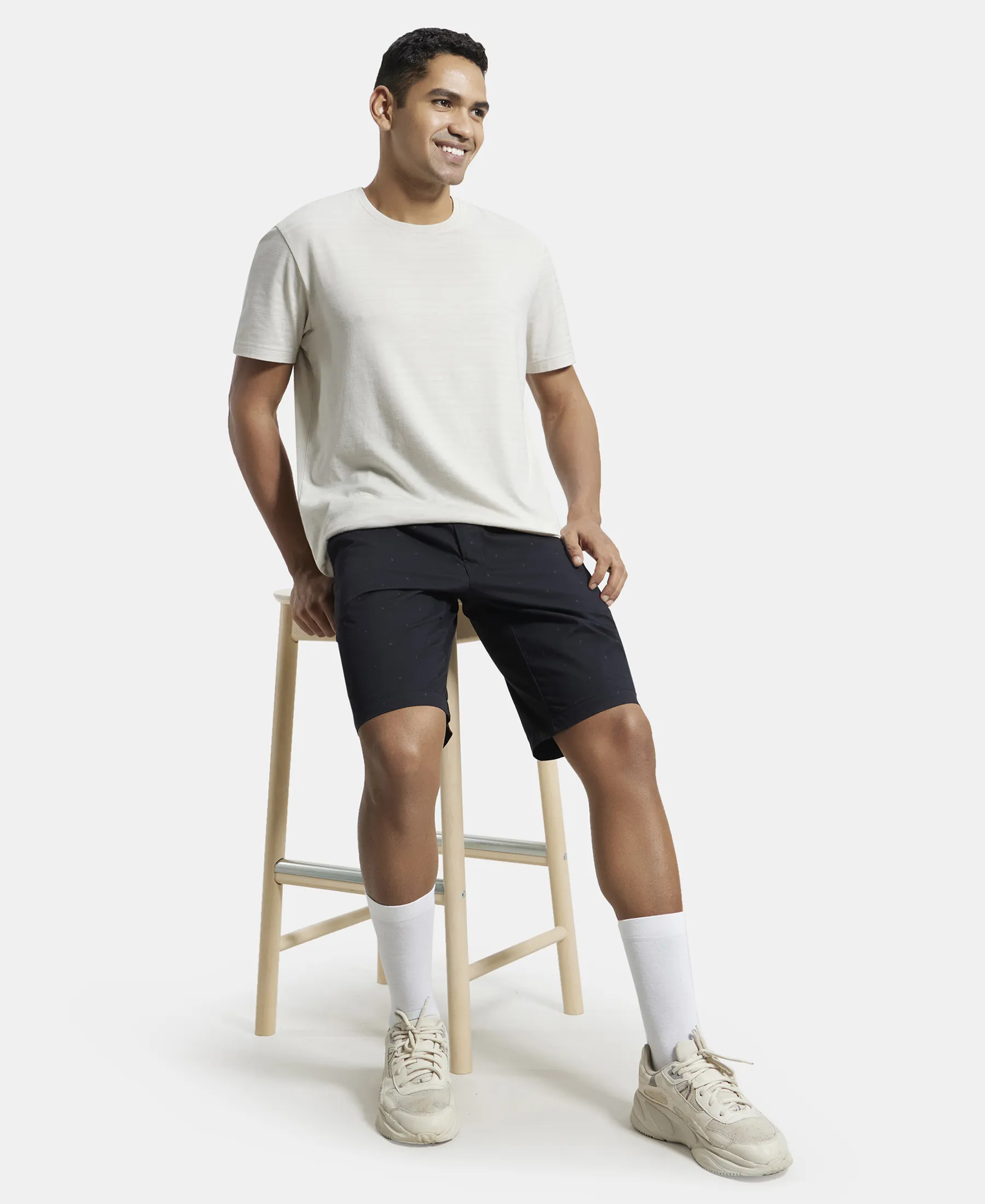 Super Combed Mercerised Cotton Woven Printed Straight Fit Shorts with Side Pockets - Black - Image 6