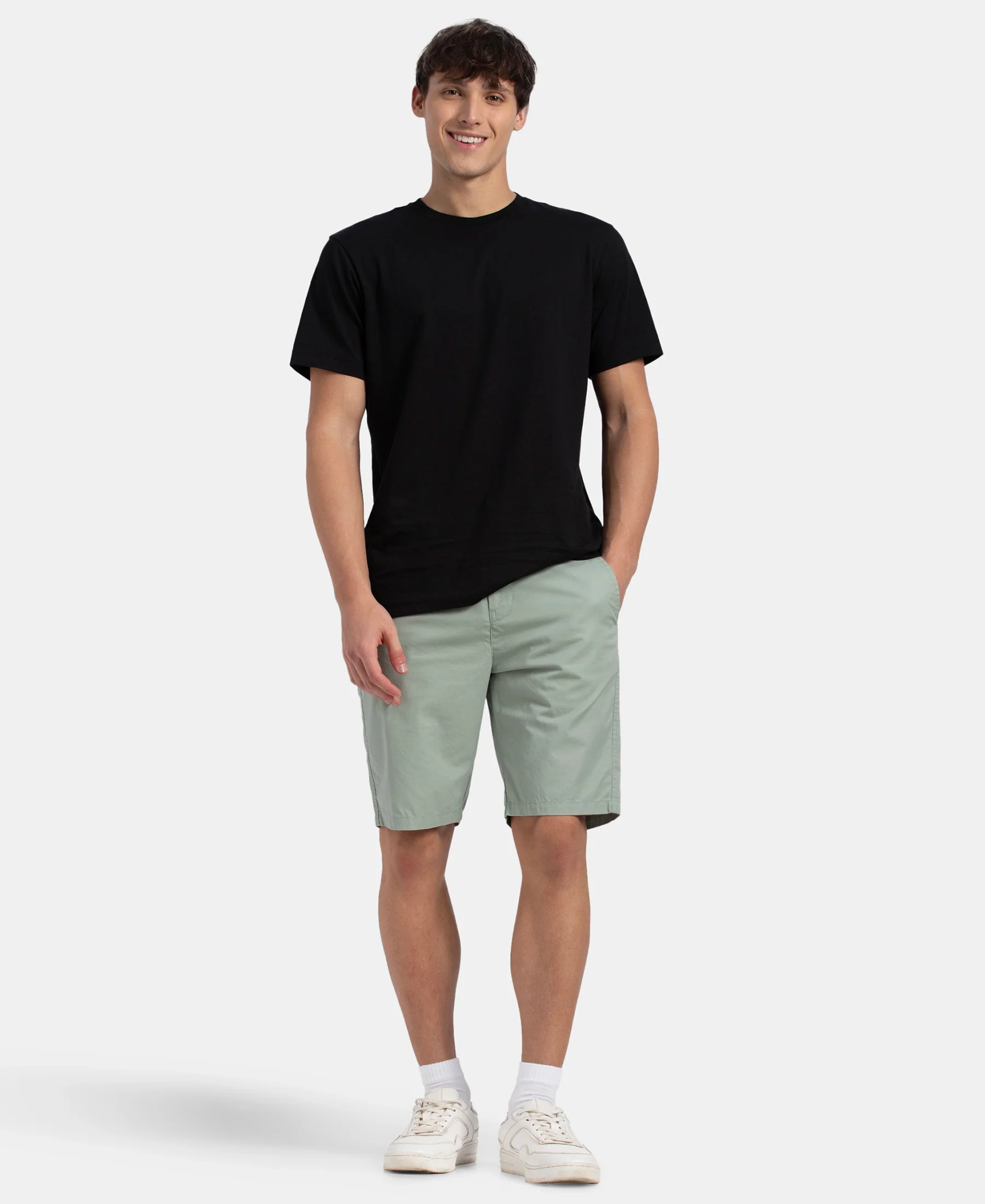 Super Combed Mercerised Cotton Woven Straight Fit Shorts with Side Pockets - Iceberg Green - Image 4
