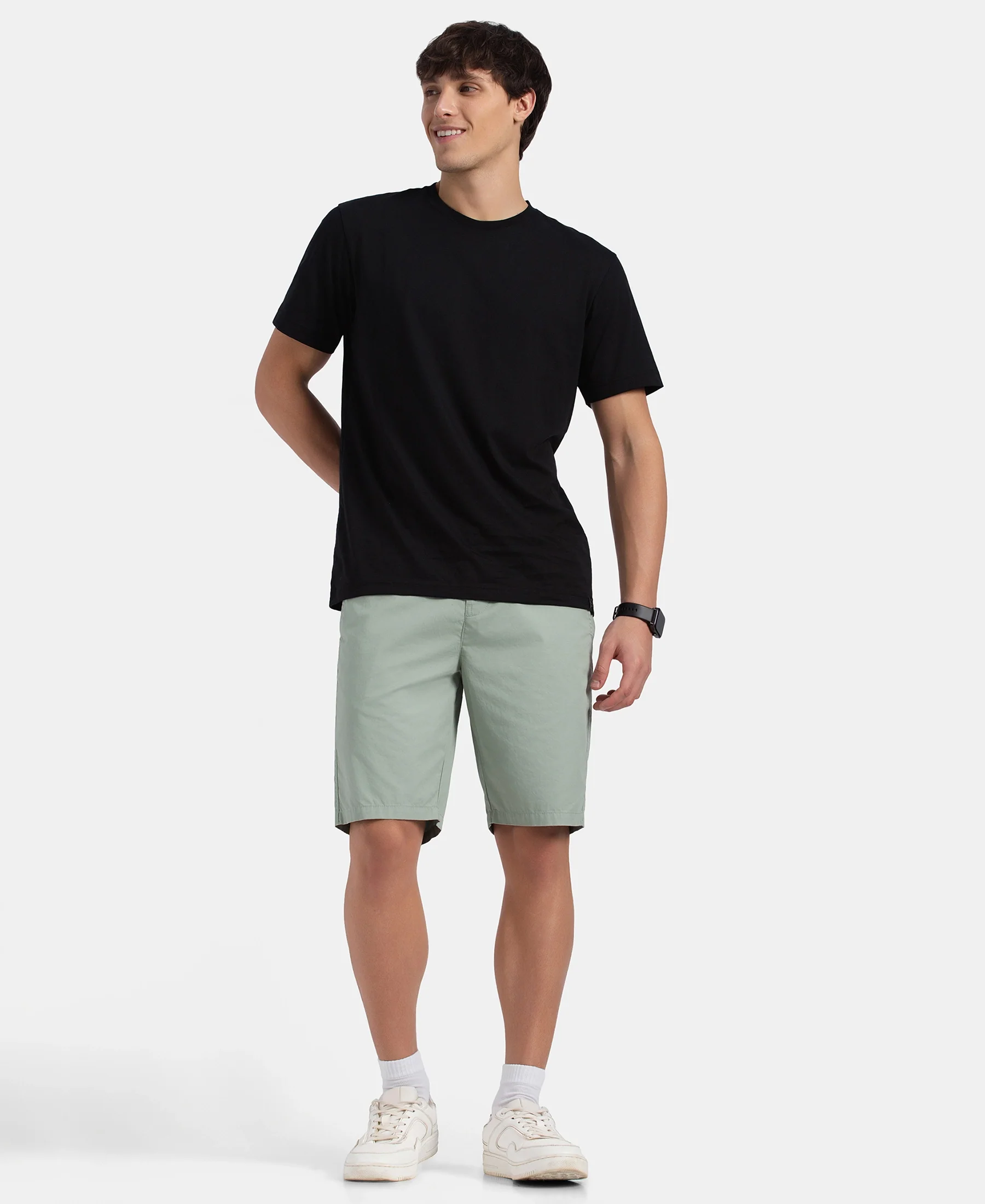 Super Combed Mercerised Cotton Woven Straight Fit Shorts with Side Pockets - Iceberg Green - Image 6