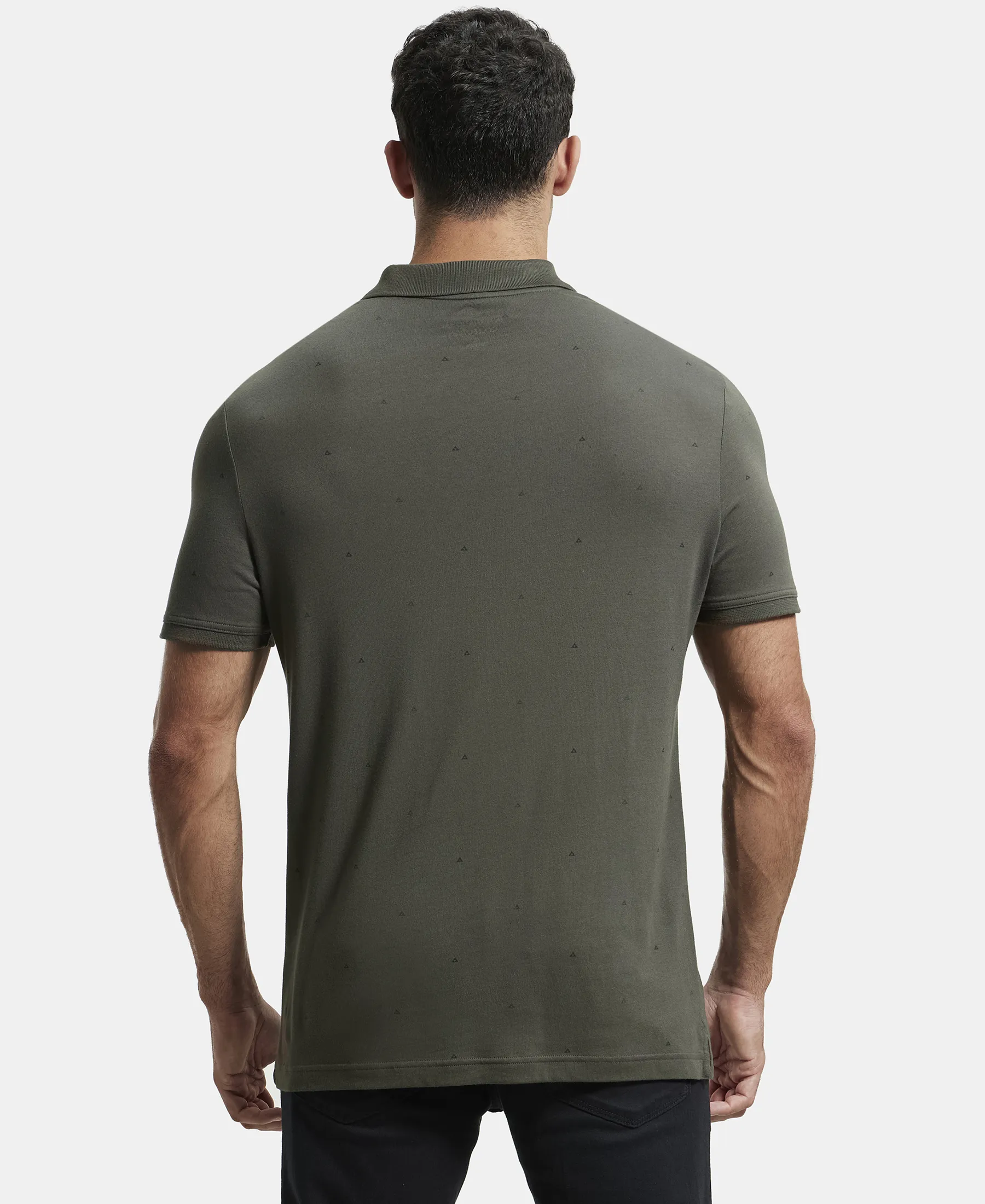 Tencel Micro Modal and Cotton Blend Printed Half Sleeve Polo T-Shirt - Deep Olive - Image 3