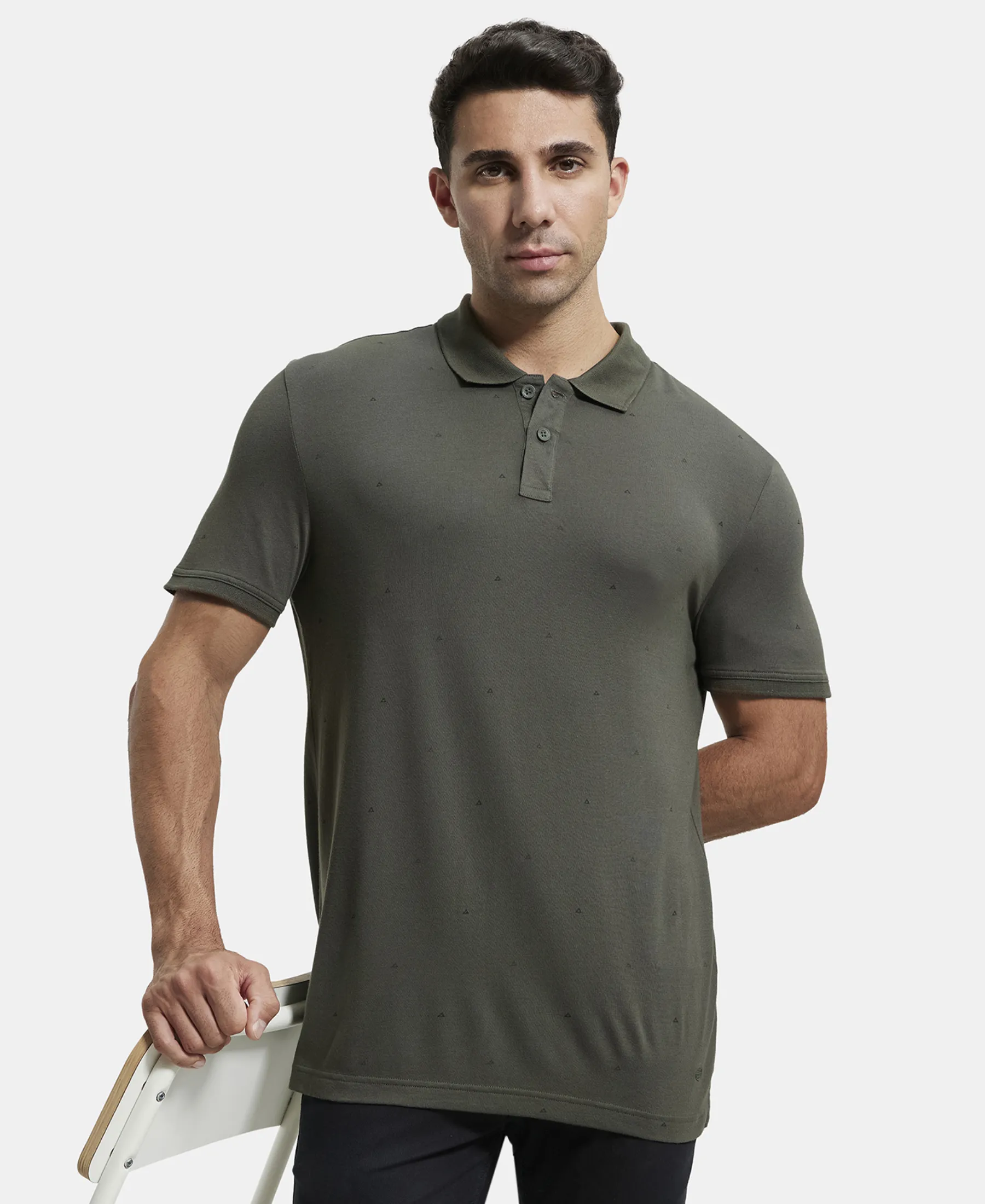 Tencel Micro Modal and Cotton Blend Printed Half Sleeve Polo T-Shirt - Deep Olive - Image 5