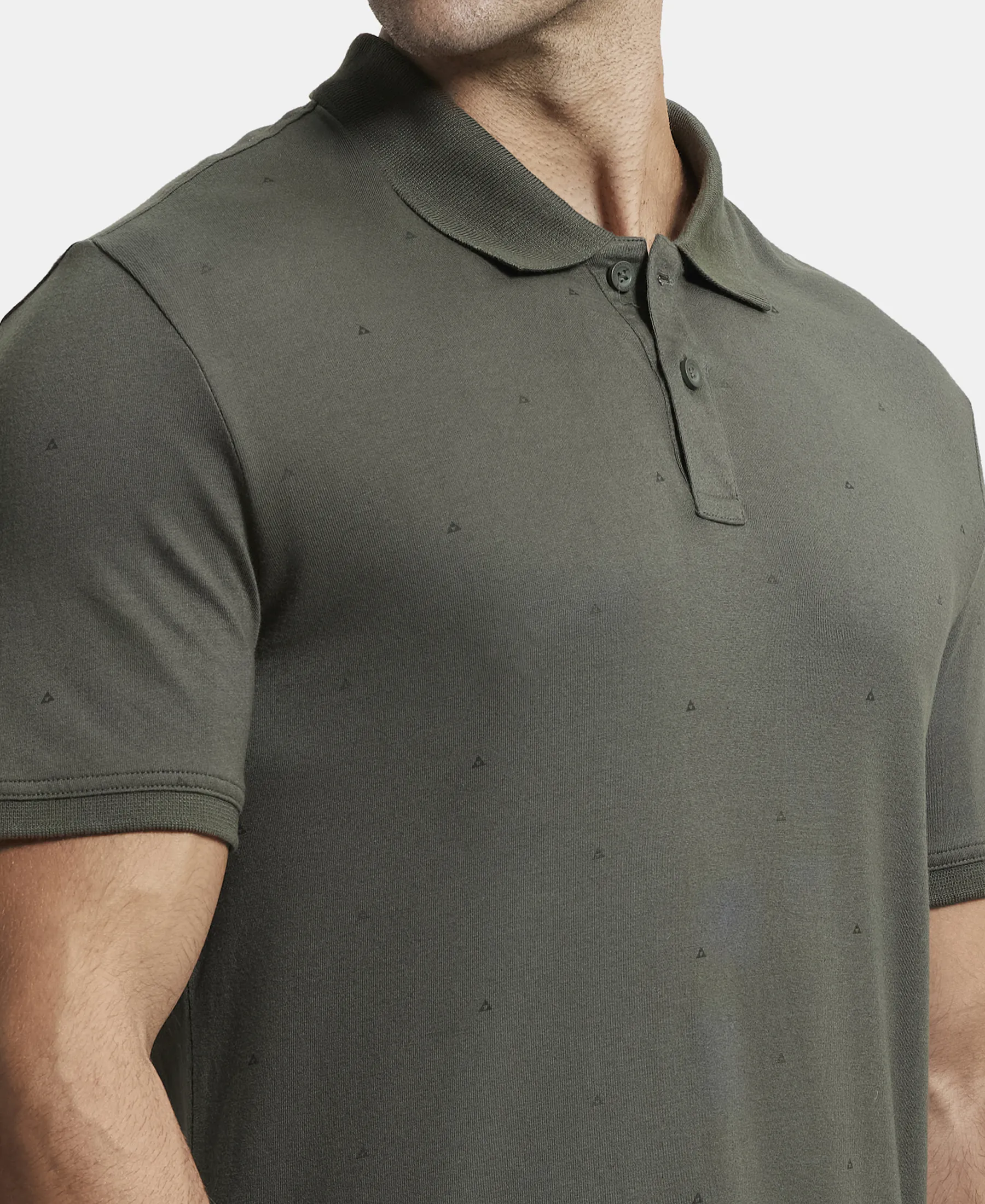Tencel Micro Modal and Cotton Blend Printed Half Sleeve Polo T-Shirt - Deep Olive - Image 7